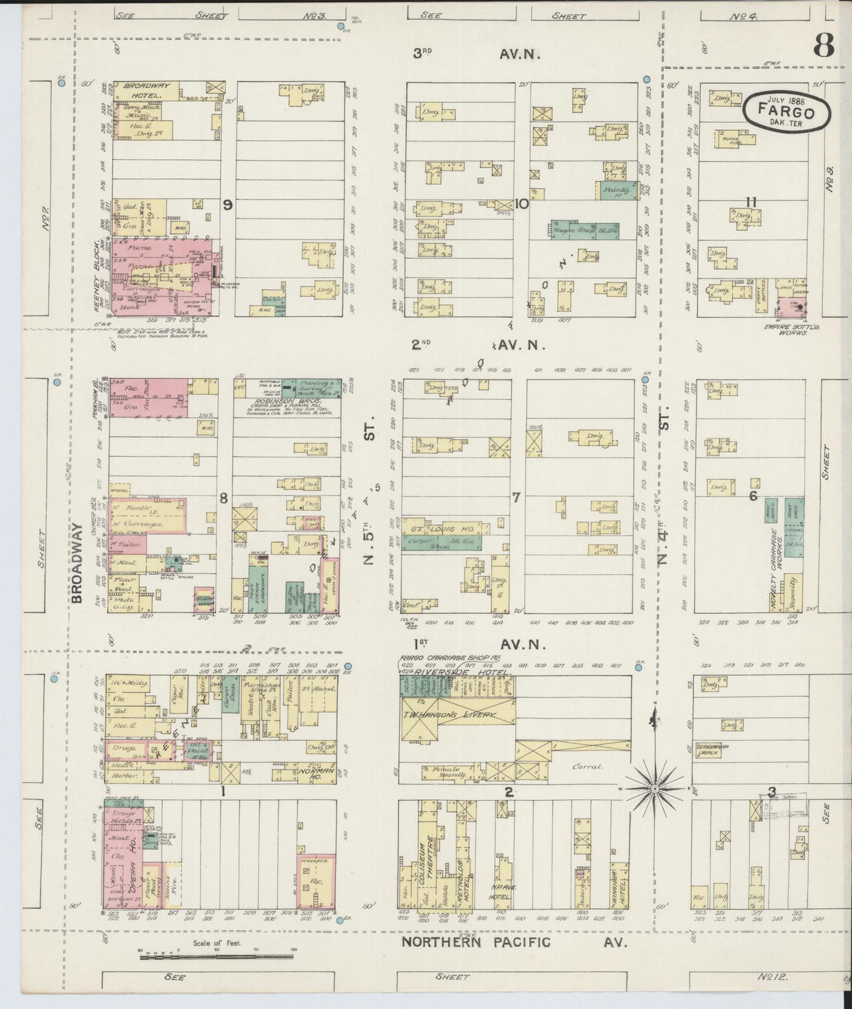 Sanborn Fire Insurance Map from Fargo, Cass County, North Dakota (1888), Sheet #0008 - Complete Map Set gallery image, historic Sanborn map, vintage wall art, North Dakota North Dakota