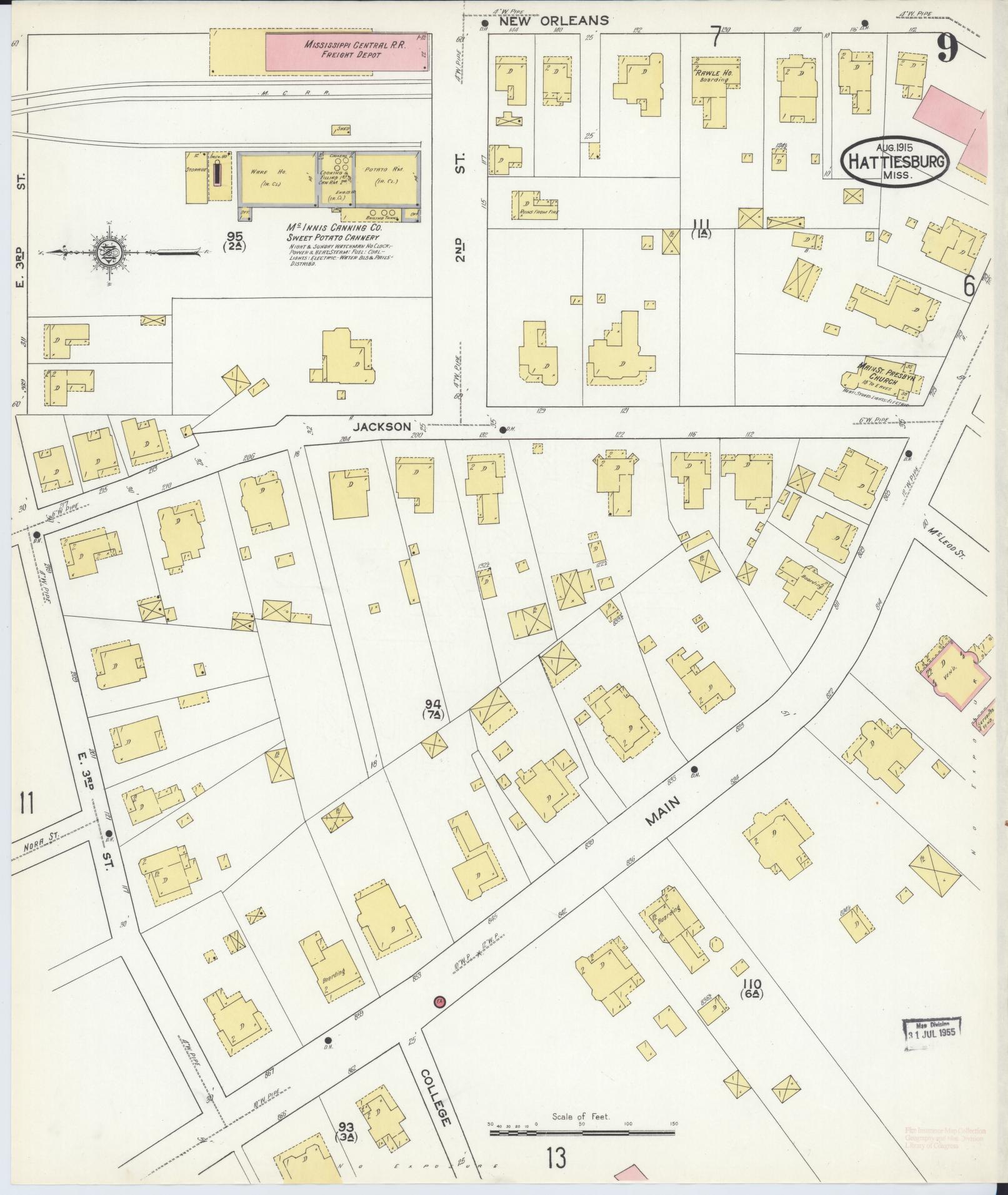 Sanborn Fire Insurance Map from Hattiesburg, Forrest County, Mississippi (1915), Sheet #0009 - Historic Sanborn Fire Insurance Map Print, vintage old map wall art, antique decor, genealogy gift, Mississippi Mississippi map