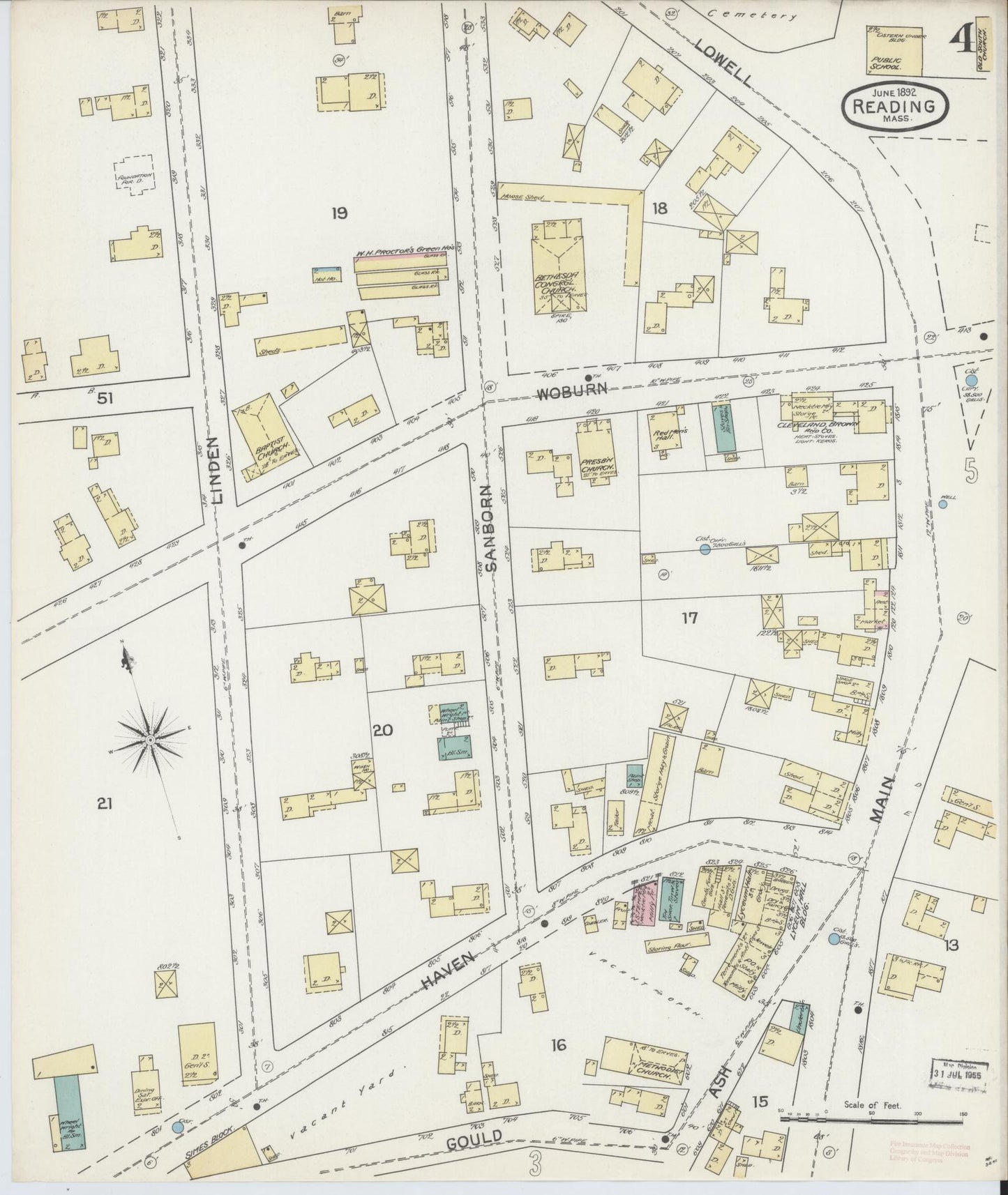 Sanborn Fire Insurance Map from Reading, Middlesex County, Massachusetts (1892), Sheet #0004 - Complete Map Set gallery image, historic Sanborn map, vintage wall art, Massachusetts Massachusetts