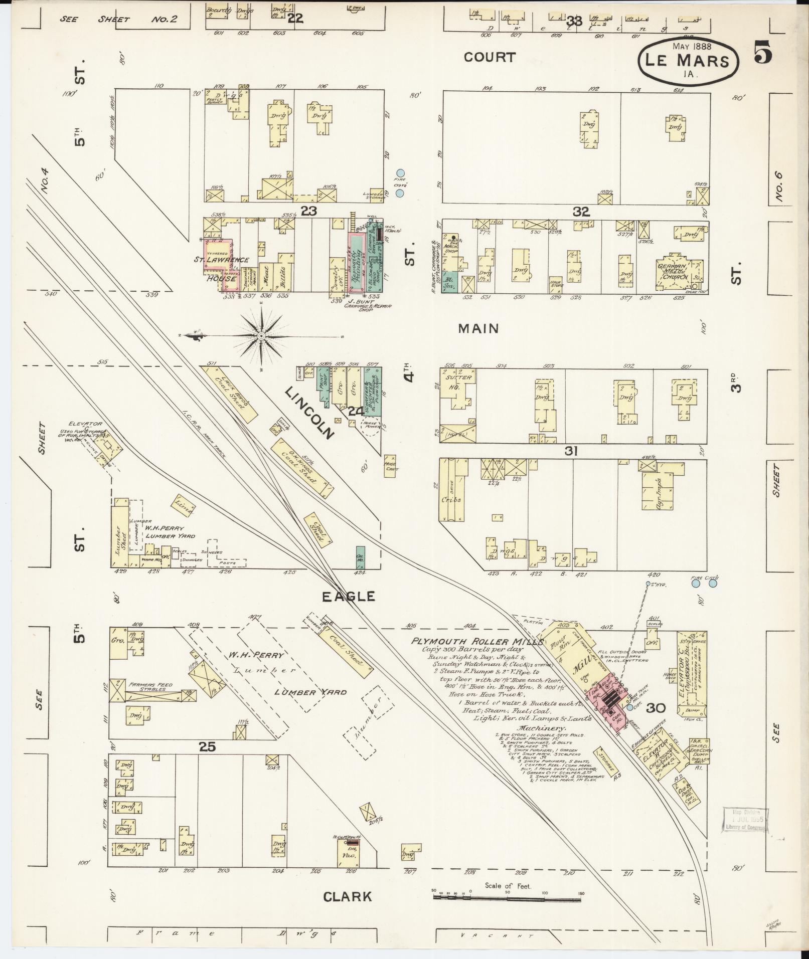 Sanborn Fire Insurance Map from Le Mars, Plymouth County, Iowa (1888), Sheet #0005 - Historic Sanborn Fire Insurance Map Print, vintage old map wall art