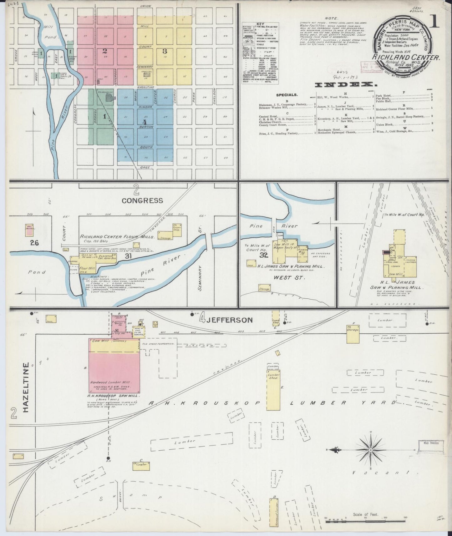 Sanborn Fire Insurance Map from Richland Center, Richland County, Wisconsin (1892), Sheet #0001 - Historic Sanborn Fire Insurance Map Print, vintage old map wall art, antique decor, genealogy gift, Wisconsin Wisconsin map