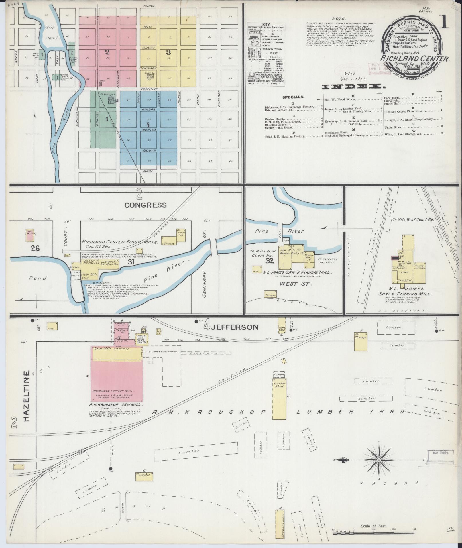 Sanborn Fire Insurance Map from Richland Center, Richland County, Wisconsin (1892), Sheet #0001 - Historic Sanborn Fire Insurance Map Print, vintage old map wall art, antique decor, genealogy gift, Wisconsin Wisconsin map