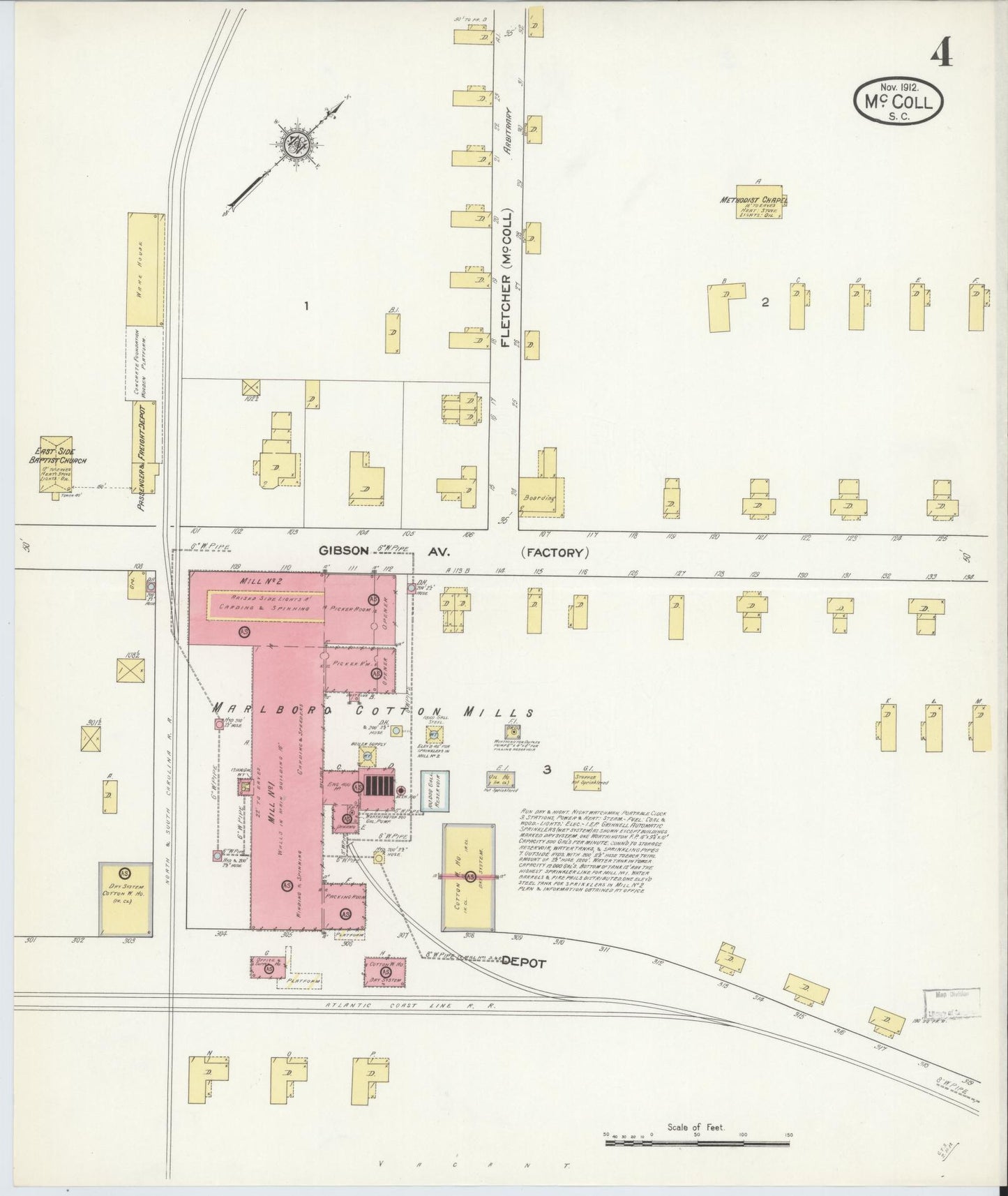 Sanborn Fire Insurance Map from McColl, Marlboro County, South Carolina (1912), Sheet #0004 - Historic Sanborn Fire Insurance Map Print, vintage old map wall art, antique decor, genealogy gift, South Carolina South Carolina map