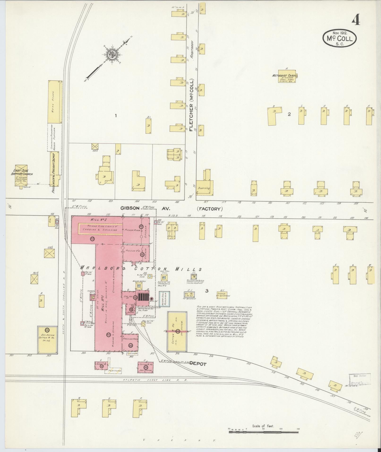 Sanborn Fire Insurance Map from McColl, Marlboro County, South Carolina (1912), Sheet #0004 - Historic Sanborn Fire Insurance Map Print, vintage old map wall art, antique decor, genealogy gift, South Carolina South Carolina map