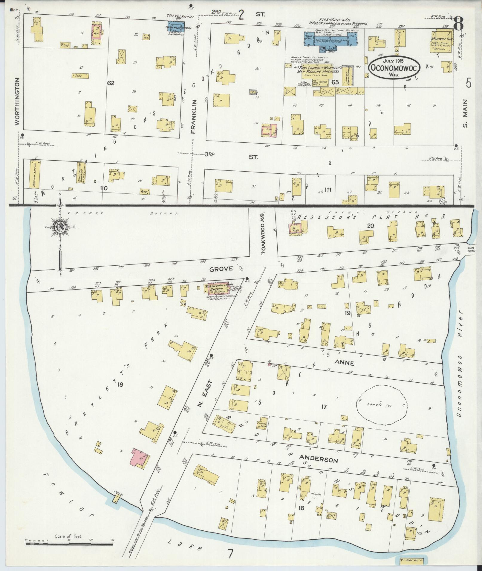 Sanborn Fire Insurance Map from Oconomowoc, Waukesha County, Wisconsin (1915), Sheet #0008 - Complete Map Set gallery image, historic Sanborn map, vintage wall art, Wisconsin Wisconsin