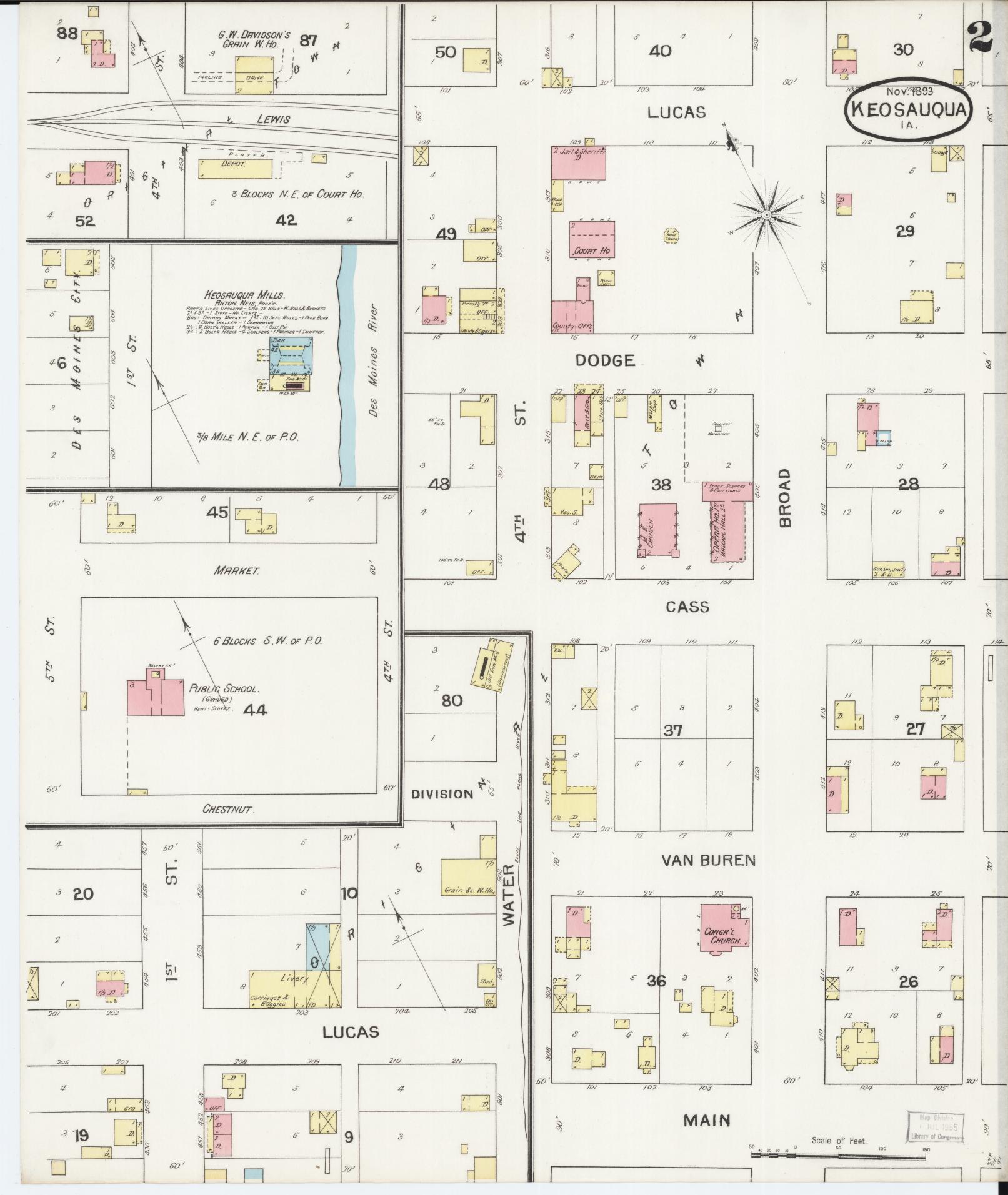Sanborn Fire Insurance Map from Keosauqua, Van Buren County, Iowa (1893), Sheet #0002 - Historic Sanborn Fire Insurance Map Print, vintage old map wall art