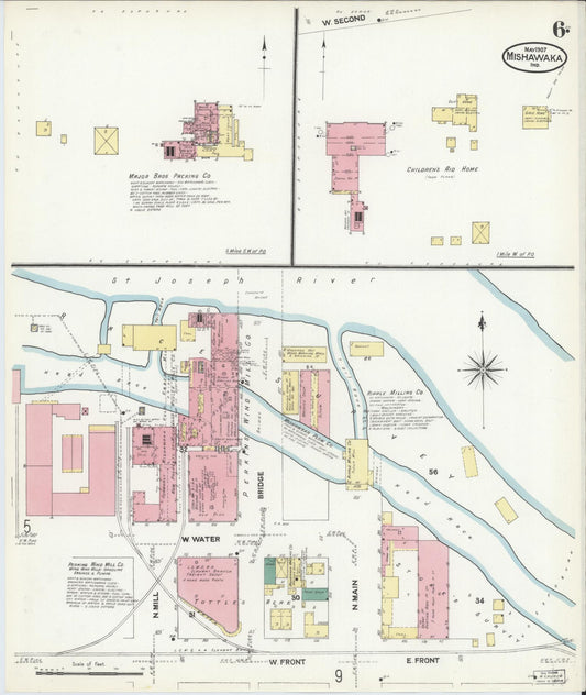 Sanborn Fire Insurance Map from Mishawaka, Saint Joseph County, Indiana (1907), Sheet #0006 - Historic Sanborn Fire Insurance Map Print, vintage old map wall art, antique decor, genealogy gift, Indiana Indiana map
