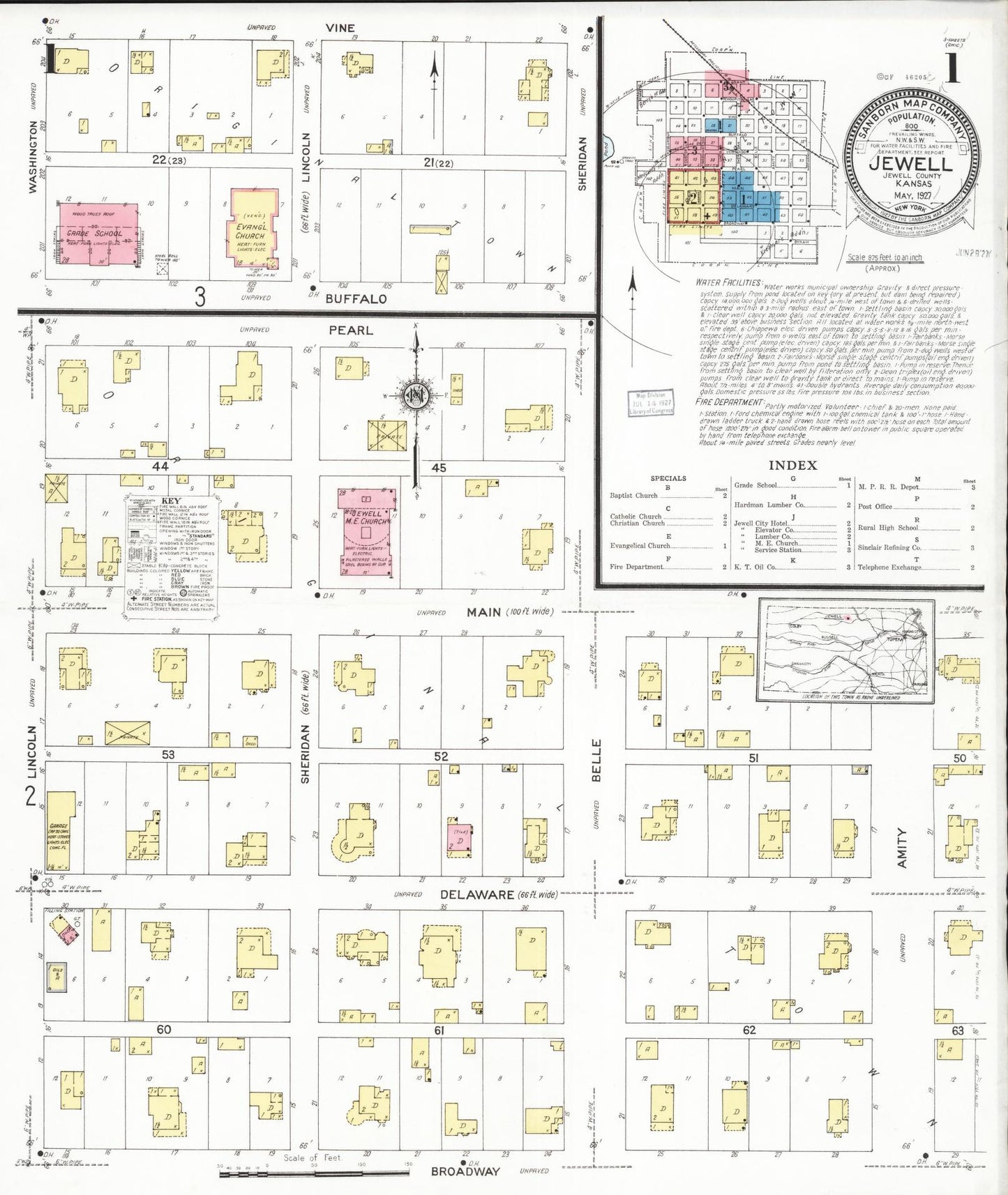 Sanborn Fire Insurance Map from Jewell, Jewell County, Kansas (1927), Sheet #0001 - Historic Sanborn Fire Insurance Map Print, vintage old map wall art, antique decor, genealogy gift, Kansas Kansas map