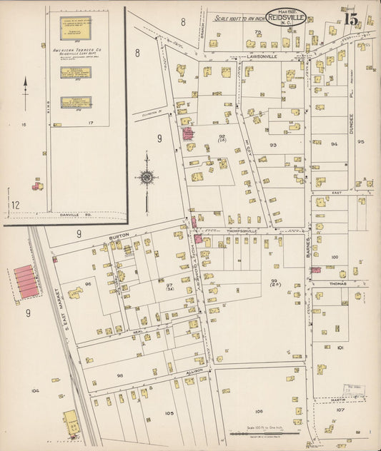 Sanborn Fire Insurance Map from Reidsville, Rockingham County, North Carolina (1922), Sheet #0015 - Historic Sanborn Fire Insurance Map Print, vintage old map wall art, antique decor, genealogy gift, North Carolina North Carolina map