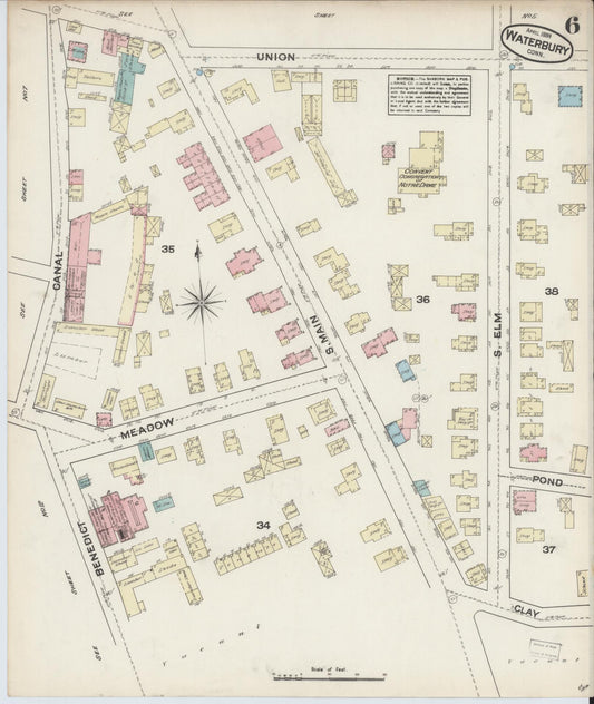 Sanborn Fire Insurance Map from Waterbury, New Haven County, Connecticut (1884), Sheet #0006 - Historic Sanborn Fire Insurance Map Print, vintage old map wall art, antique decor, genealogy gift, Connecticut Connecticut map