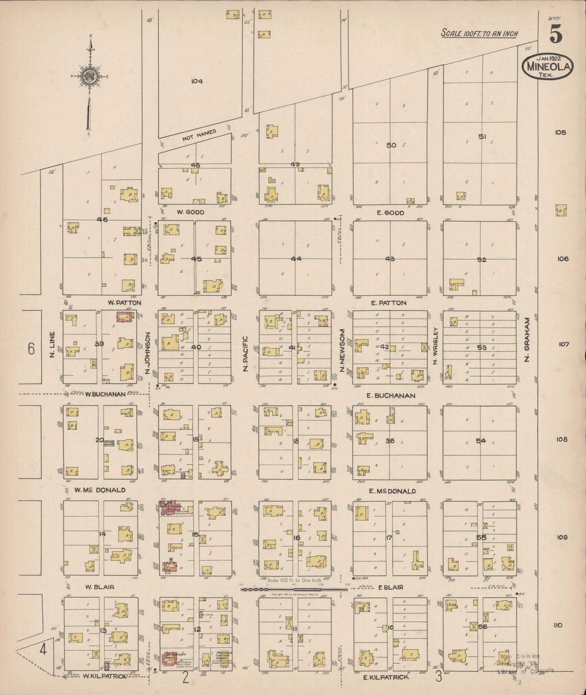 Sanborn Fire Insurance Map from Mineola, Wood County, Texas (1922), Sheet #0005 - Complete Map Set gallery image, historic Sanborn map, vintage wall art, Texas Texas