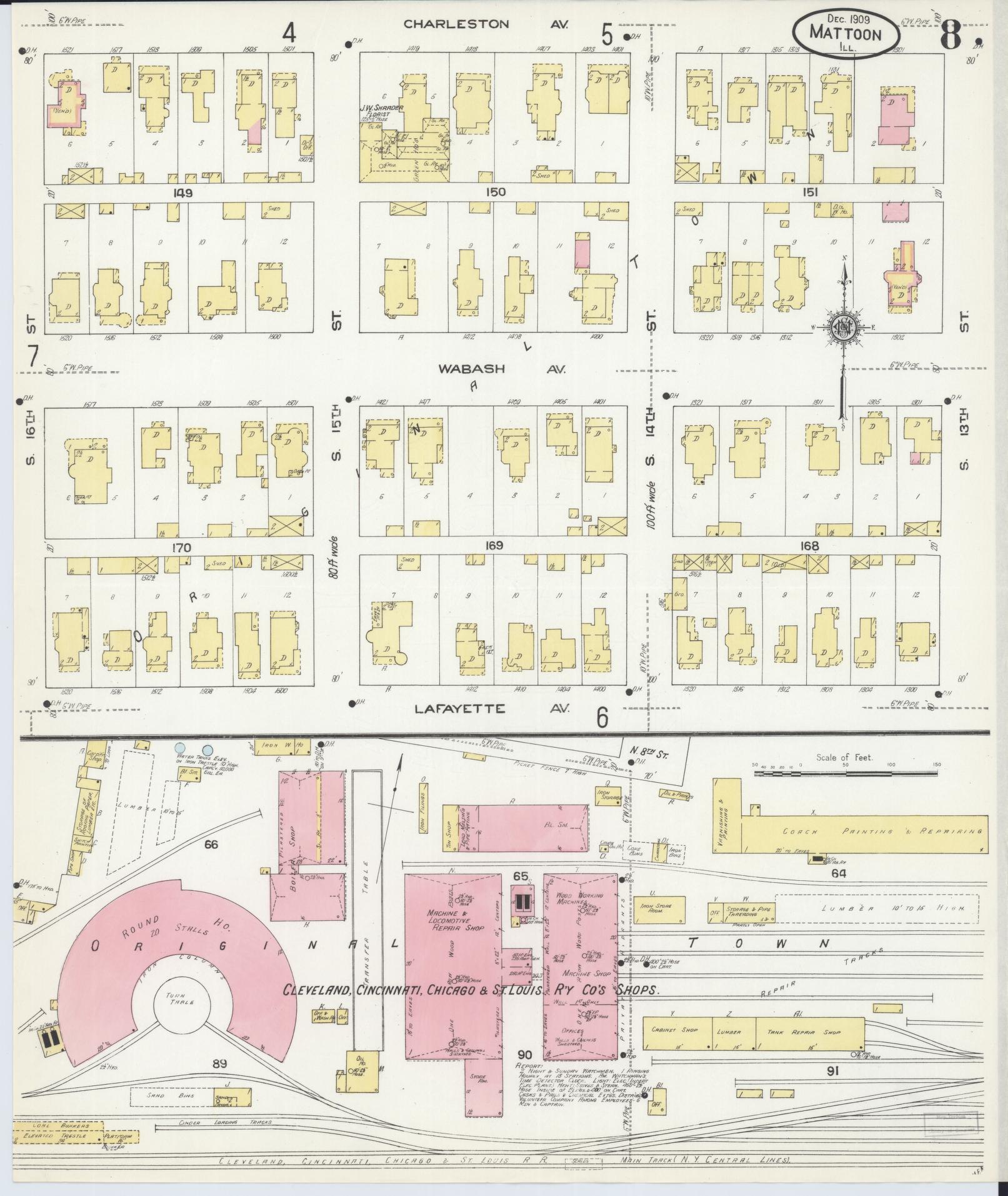 Sanborn Fire Insurance Map from Mattoon, Coles County, Illinois (1909), Sheet #0008 - Complete Map Set gallery image, historic Sanborn map, vintage wall art, Illinois Illinois