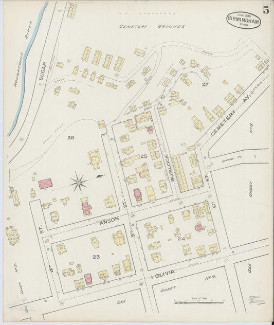 Sanborn Fire Insurance Map from Birmingham, New Haven County, Connecticut (1886), Sheet #0005 - Historic Sanborn Fire Insurance Map Print, vintage old map wall art, antique decor, genealogy gift, Connecticut Connecticut map