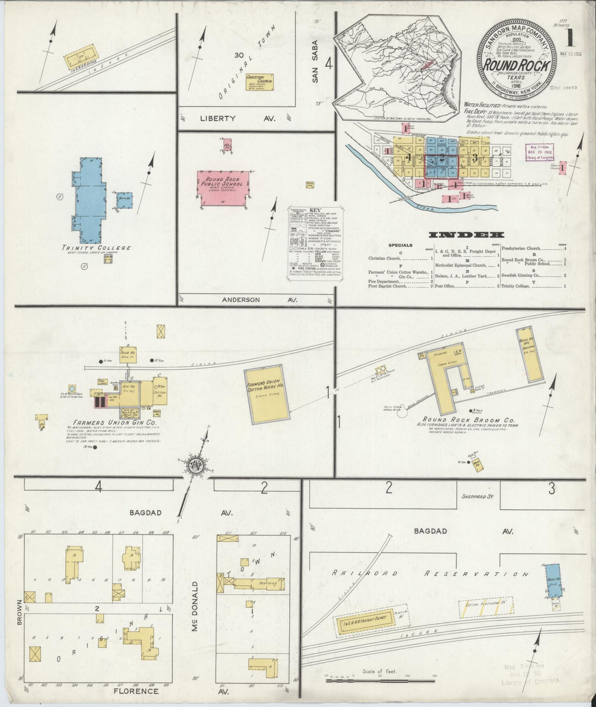 Sanborn Fire Insurance Map from Round Rock, Williamson County, Texas (1916), Sheet #0001 - Complete Map Set gallery image, historic Sanborn map, vintage wall art, Texas Texas