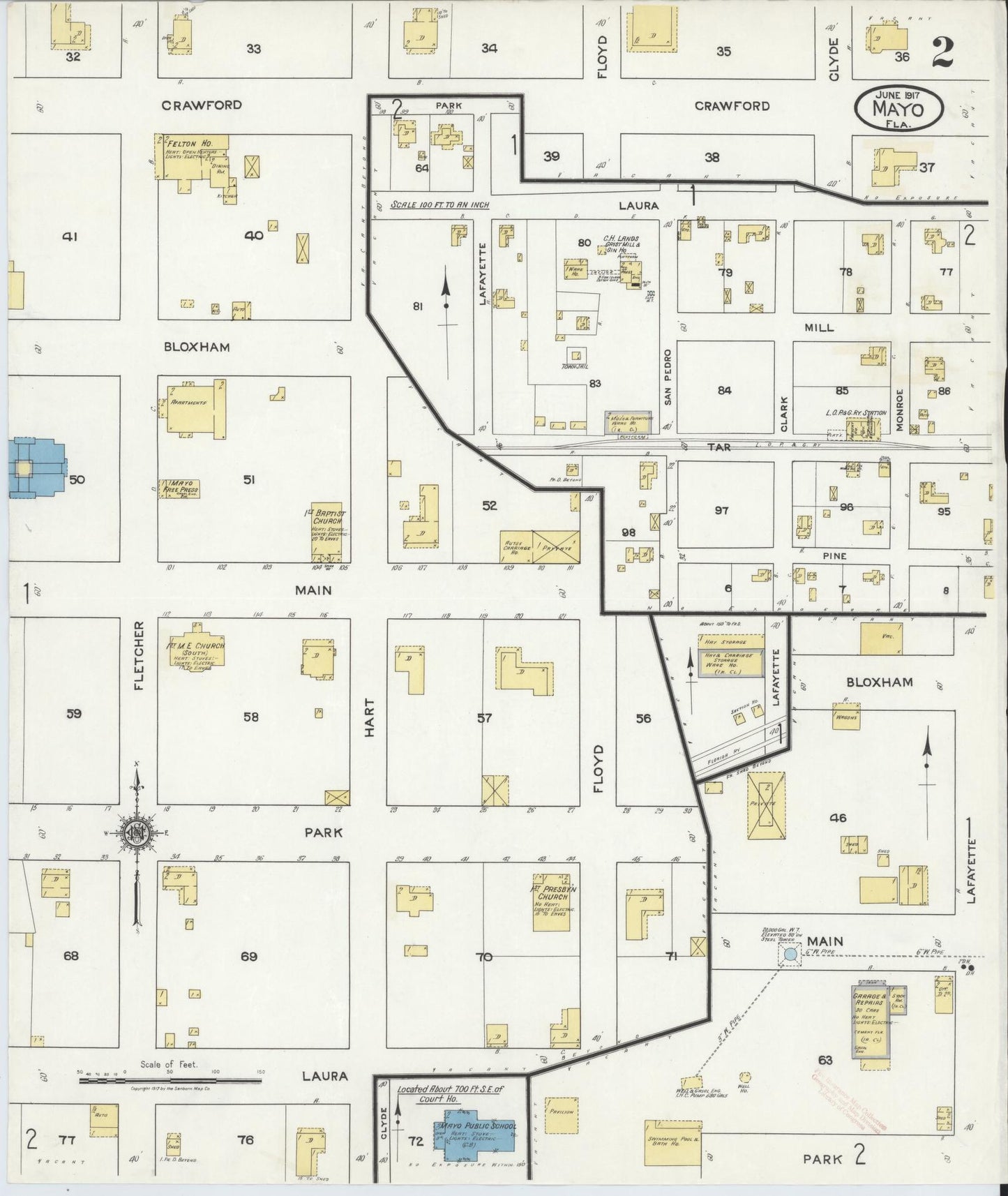 Sanborn Fire Insurance Map from Mayo, Lafayette County, Florida (1917), Sheet #0002 - Historic Sanborn Fire Insurance Map Print, vintage old map wall art, antique decor, genealogy gift, Florida Florida map