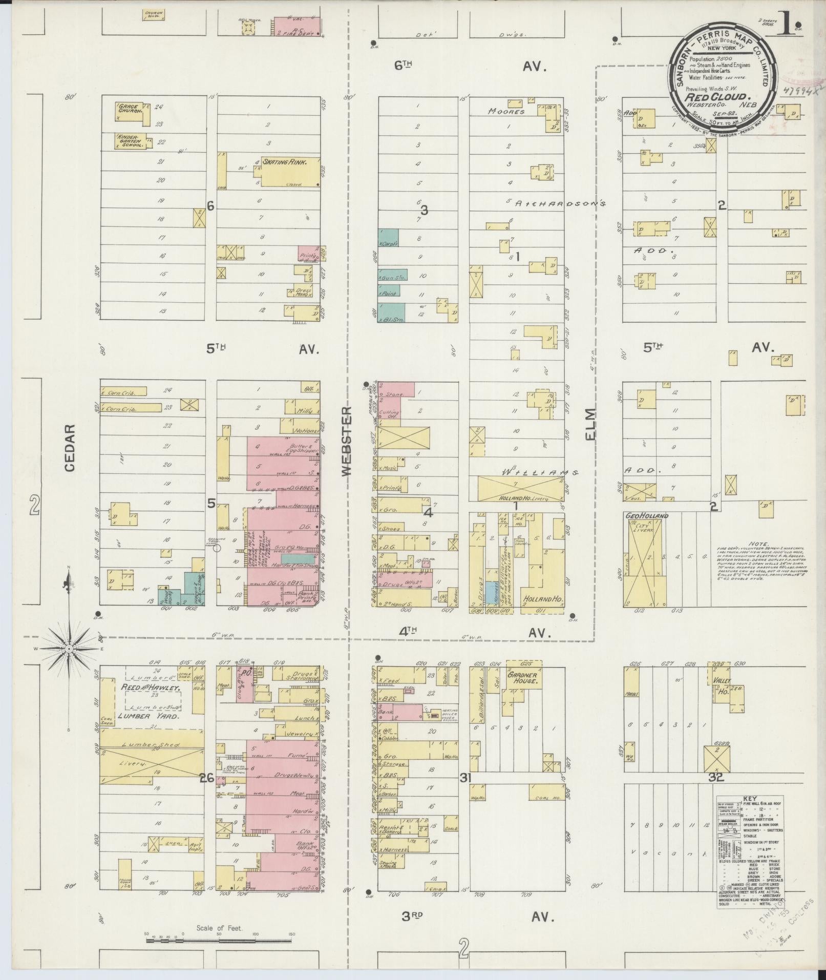 Sanborn Fire Insurance Map from Red Cloud, Webster County, Nebraska (1892), Sheet #0001 - Historic Sanborn Fire Insurance Map Print, vintage old map wall art, antique decor, genealogy gift, Nebraska Nebraska map