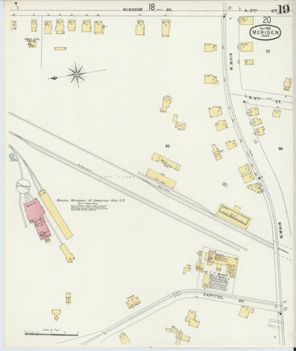 Sanborn Fire Insurance Map from Meriden, New Haven County, Connecticut (1896), Sheet #0019 - Complete Map Set gallery image, historic Sanborn map, vintage wall art, Connecticut Connecticut