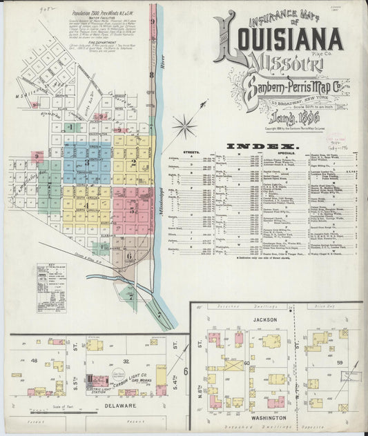 Sanborn Fire Insurance Map from Louisiana, Pike County, Missouri (1896), Sheet #0001 - Historic Sanborn Fire Insurance Map Print, vintage old map wall art, antique decor, genealogy gift, Missouri Missouri map