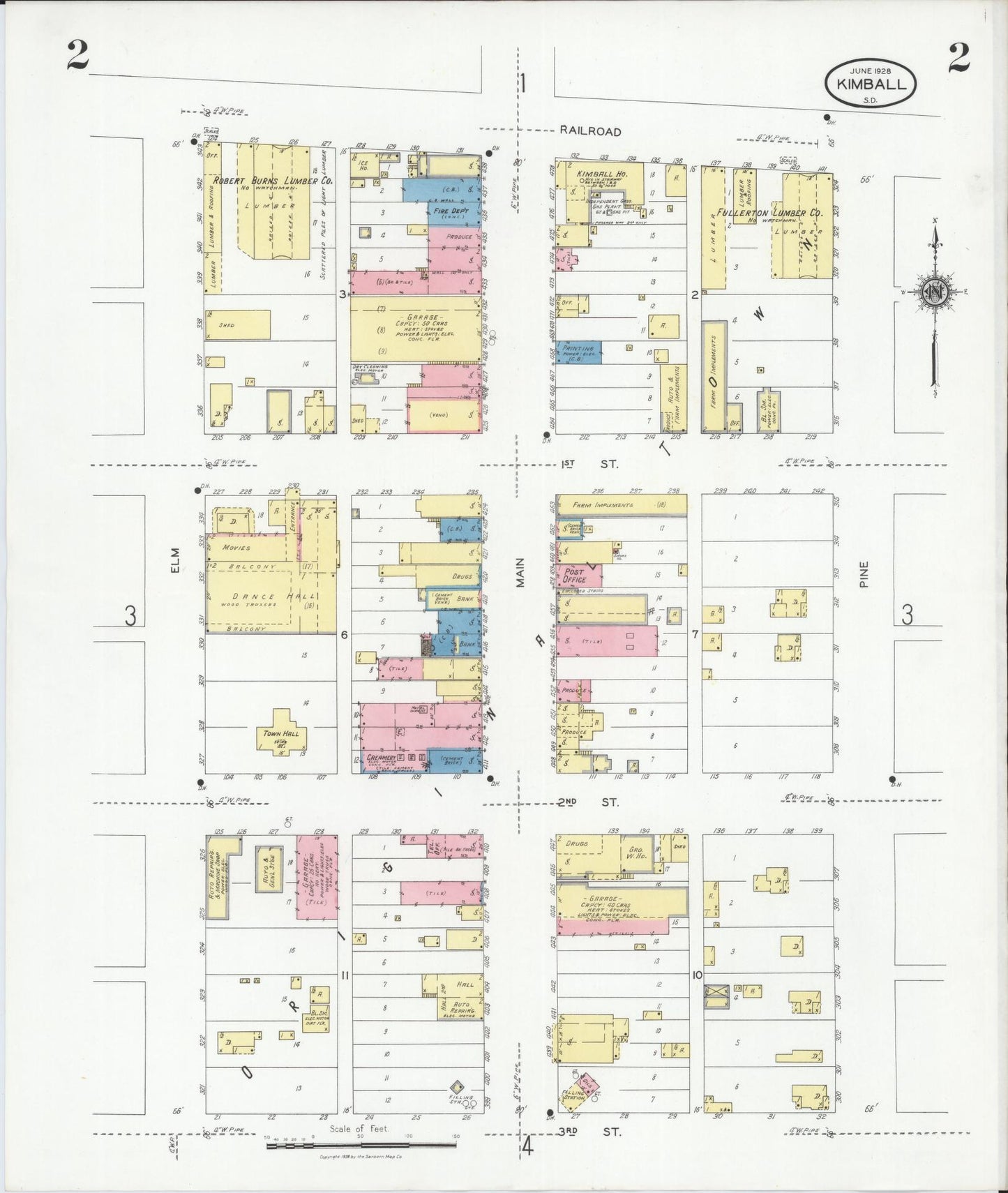 Sanborn Fire Insurance Map from Kimball, Brule County, South Dakota (1928), Sheet #0002 - Complete Map Set gallery image, historic Sanborn map, vintage wall art, South Dakota South Dakota