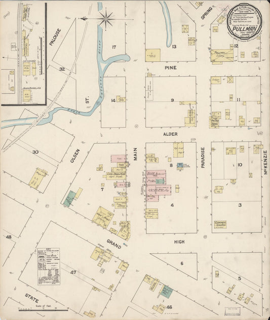 Sanborn Fire Insurance Map from Pullman, Whitman County, Washington (1889), Sheet #0001 - Historic Sanborn Fire Insurance Map Print, vintage old map wall art, antique decor, genealogy gift, Washington Washington map