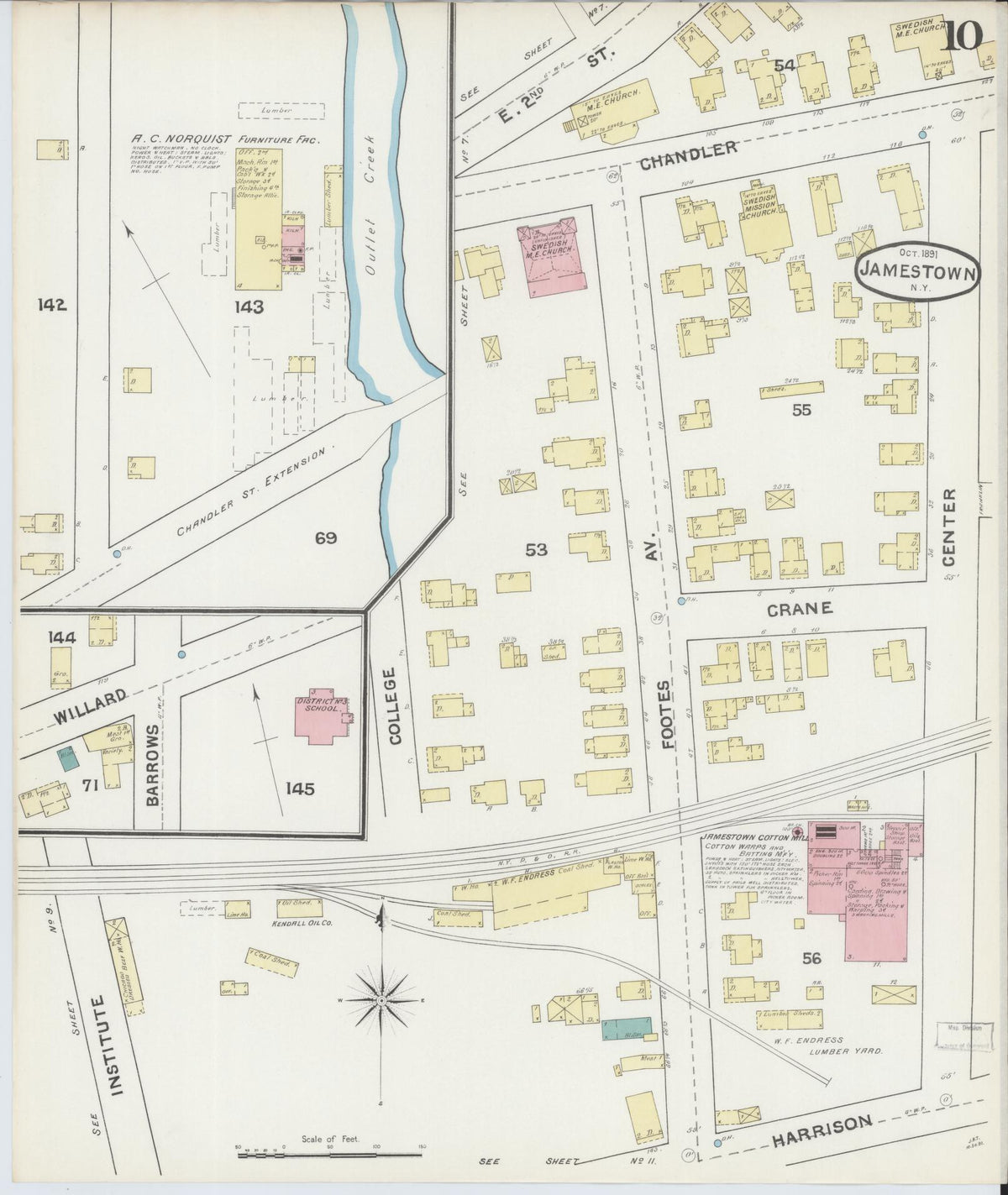 Sanborn Fire Insurance Map from Jamestown, Chautauqua County, New York (1891), Sheet #0010 - Historic Sanborn Fire Insurance Map Print, vintage old map wall art, antique decor, genealogy gift, New York New York map