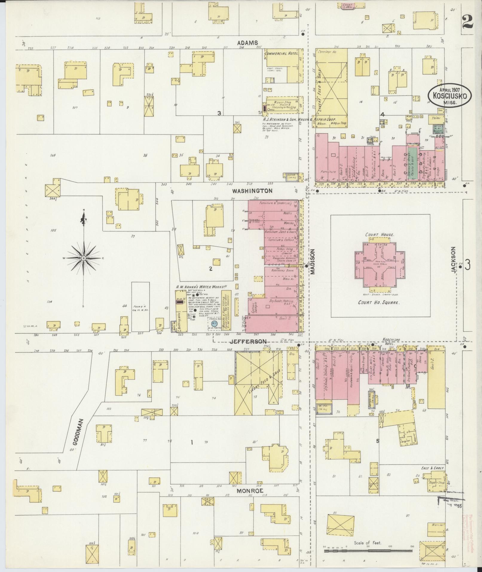 Sanborn Fire Insurance Map from Kosciusko, Attala County, Mississippi (1907), Sheet #0002 - Historic Sanborn Fire Insurance Map Print, vintage old map wall art, antique decor, genealogy gift, Mississippi Mississippi map