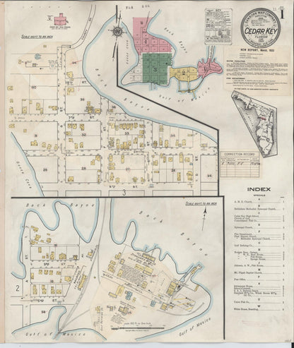 Sanborn Fire Insurance Map from Cedar Key, Levy County, Florida (1933), Sheet #0001 - Historic Sanborn Fire Insurance Map Print, vintage old map wall art, antique decor, genealogy gift, Florida Florida map