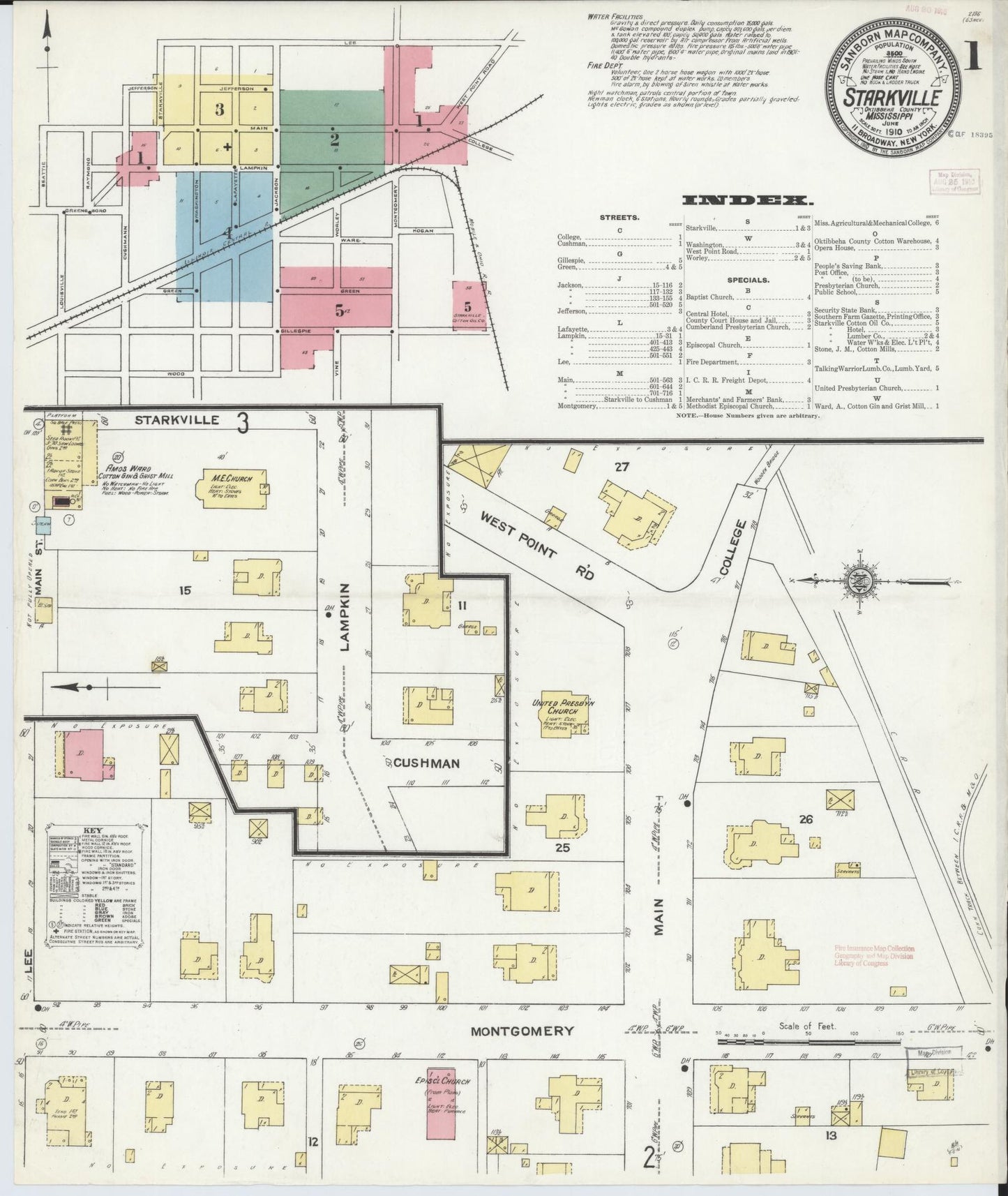 Sanborn Fire Insurance Map from Starkville, Oktibbeha County, Mississippi (1910), Sheet #0001 - Complete Map Set gallery image, historic Sanborn map, vintage wall art, Mississippi Mississippi
