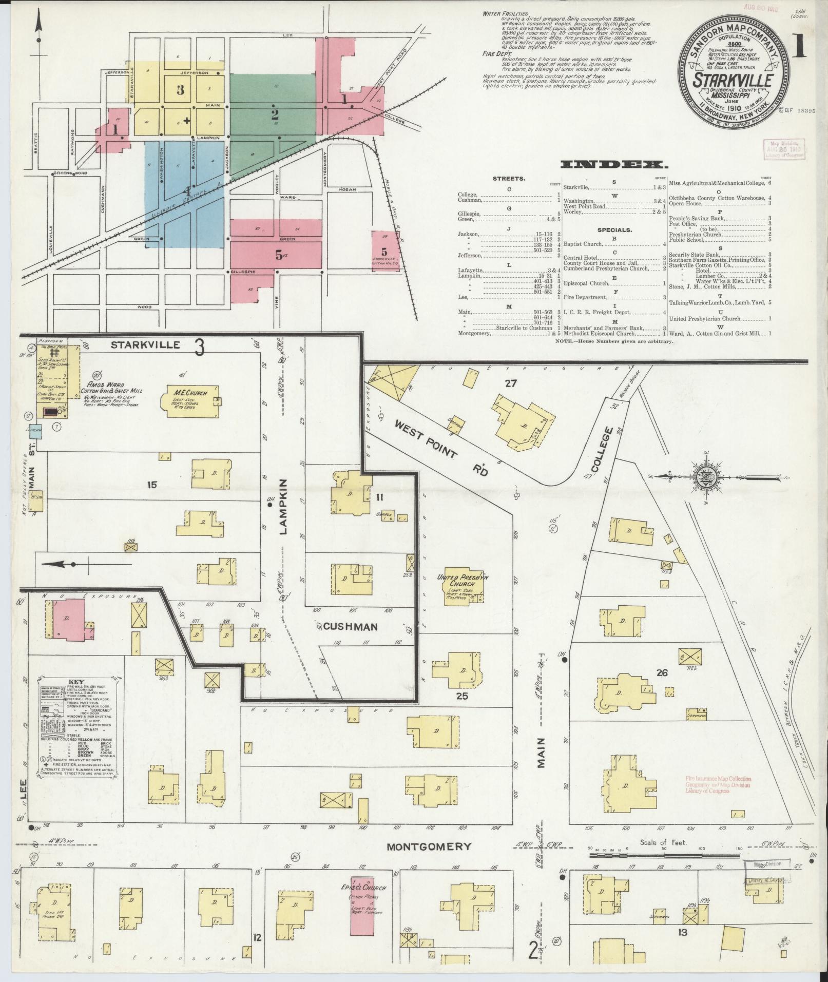 Sanborn Fire Insurance Map from Starkville, Oktibbeha County, Mississippi (1910), Sheet #0001 - Complete Map Set gallery image, historic Sanborn map, vintage wall art, Mississippi Mississippi