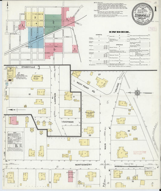 Sanborn Fire Insurance Map from Starkville, Oktibbeha County, Mississippi (1910), Sheet #0001 - Complete Map Set gallery image, historic Sanborn map, vintage wall art, Mississippi Mississippi