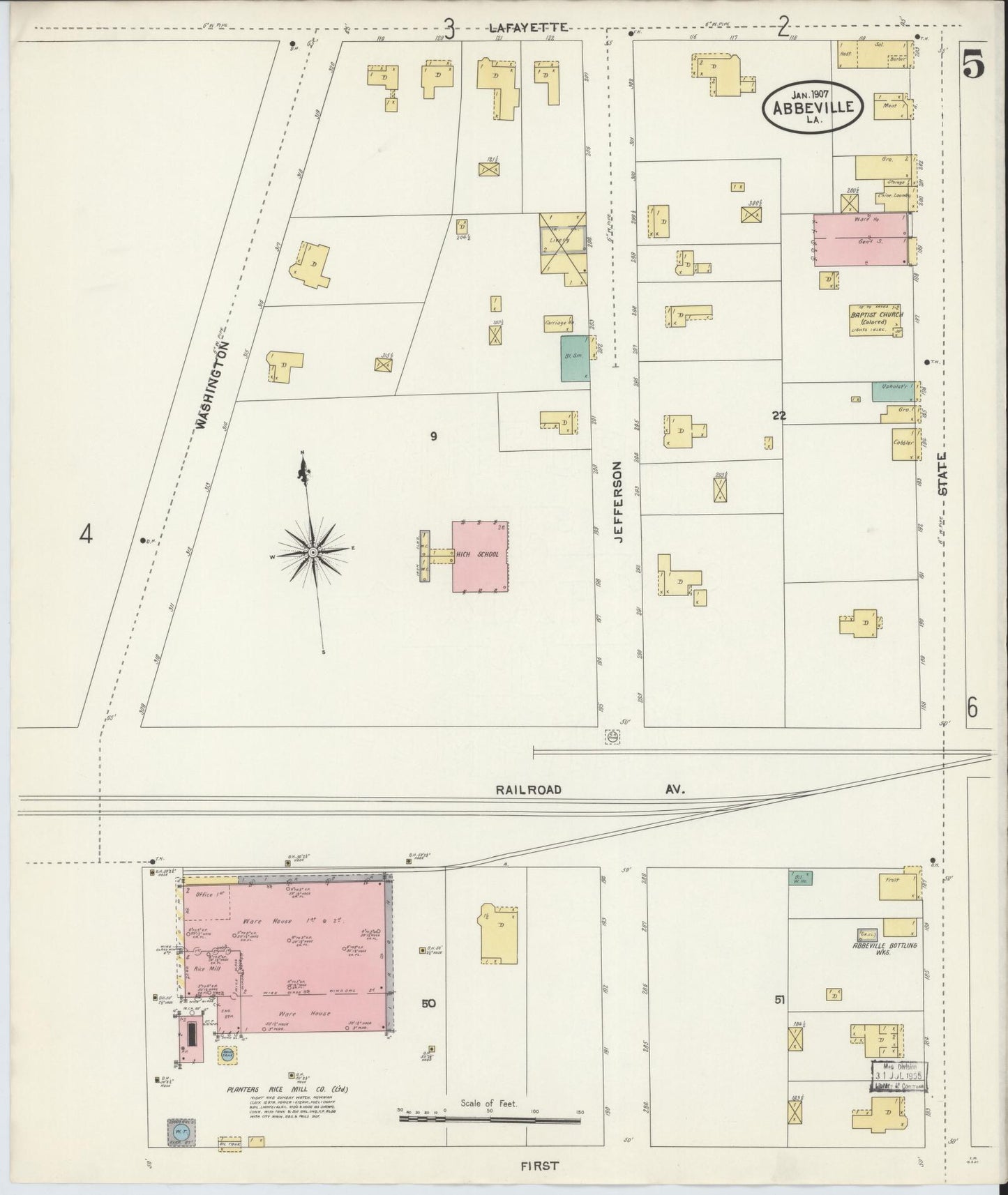 Sanborn Fire Insurance Map from Abbeville, Vermilion Parish, Louisiana (1907), Sheet #0005 - Complete Map Set gallery image, historic Sanborn map, vintage wall art, Louisiana Louisiana