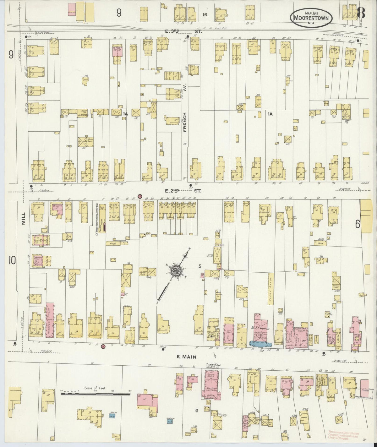 Sanborn Fire Insurance Map from Moorestown, Burlington County, New Jersey (1911), Sheet #0008 - Complete Map Set gallery image, historic Sanborn map, vintage wall art, New Jersey New Jersey