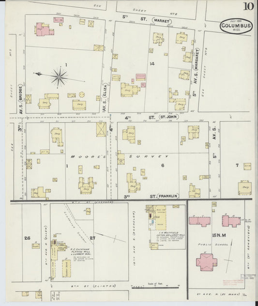 Sanborn Fire Insurance Map from Columbus, Lowndes County, Mississippi (1890), Sheet #0010 - Historic Sanborn Fire Insurance Map Print, vintage old map wall art, antique decor, genealogy gift, Mississippi Mississippi map