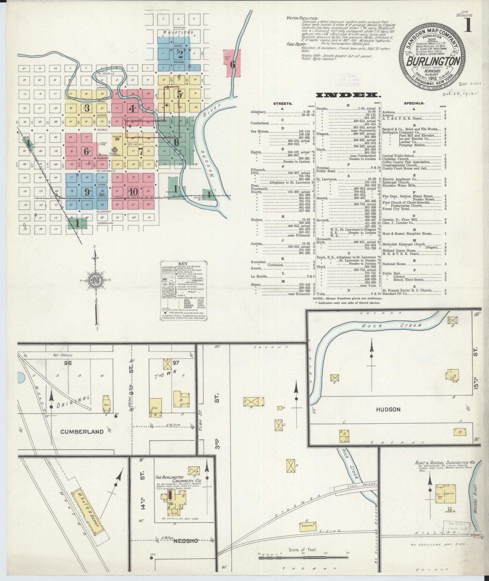 Sanborn Fire Insurance Map from Burlington, Coffey County, Kansas (1912), Sheet #0001 - Complete Map Set gallery image, historic Sanborn map, vintage wall art, Kansas Kansas