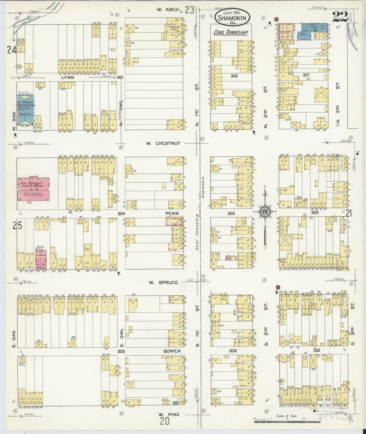 Sanborn Fire Insurance Map from Shamokin, Northumberland County, Pennsylvania (1913), Sheet #0022 - Historic Sanborn Fire Insurance Map Print, vintage old map wall art, antique decor, genealogy gift, Pennsylvania Pennsylvania map