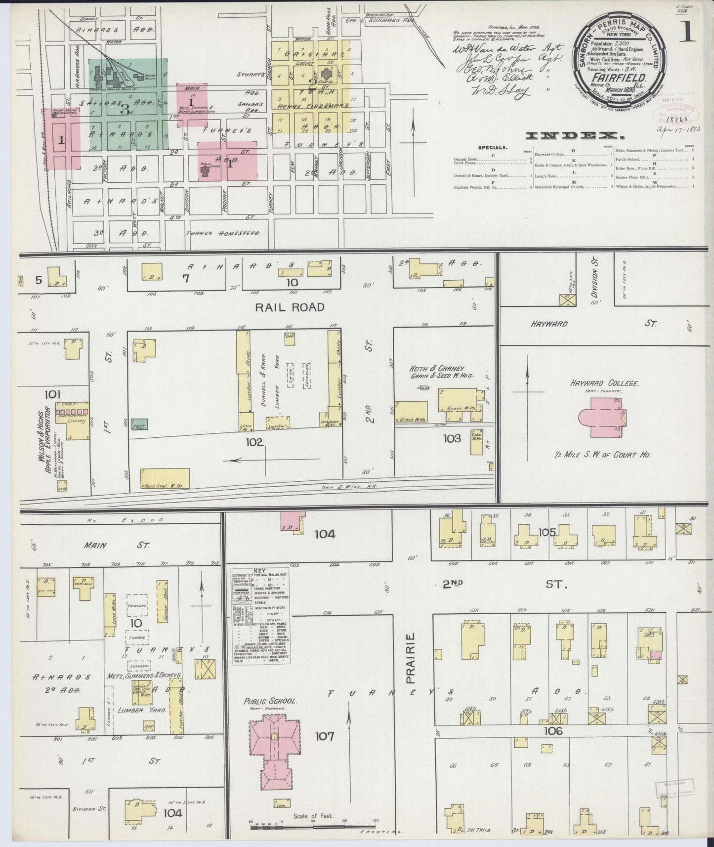 Sanborn Fire Insurance Map from Fairfield, Wayne County, Illinois (1893), Sheet #0001 - Complete Map Set gallery image, historic Sanborn map, vintage wall art, Illinois Illinois