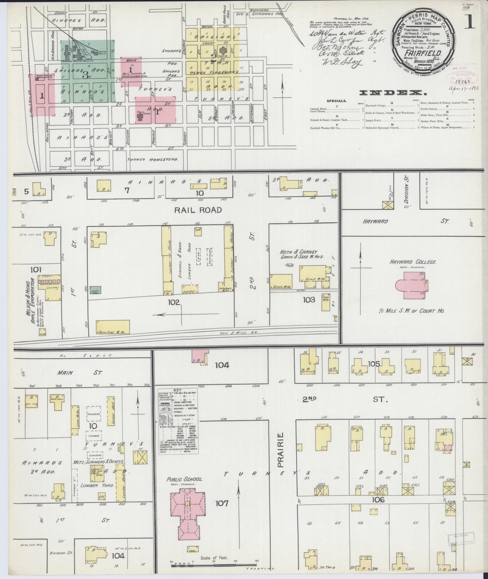 Sanborn Fire Insurance Map from Fairfield, Wayne County, Illinois (1893), Sheet #0001 - Complete Map Set gallery image, historic Sanborn map, vintage wall art, Illinois Illinois
