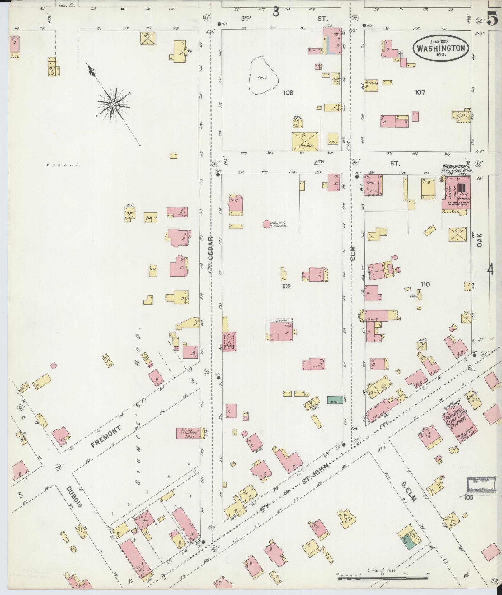 Sanborn Fire Insurance Map from Washington, Franklin County, Missouri (1898), Sheet #0005 - Historic Sanborn Fire Insurance Map Print, vintage old map wall art, antique decor, genealogy gift, Missouri Missouri map