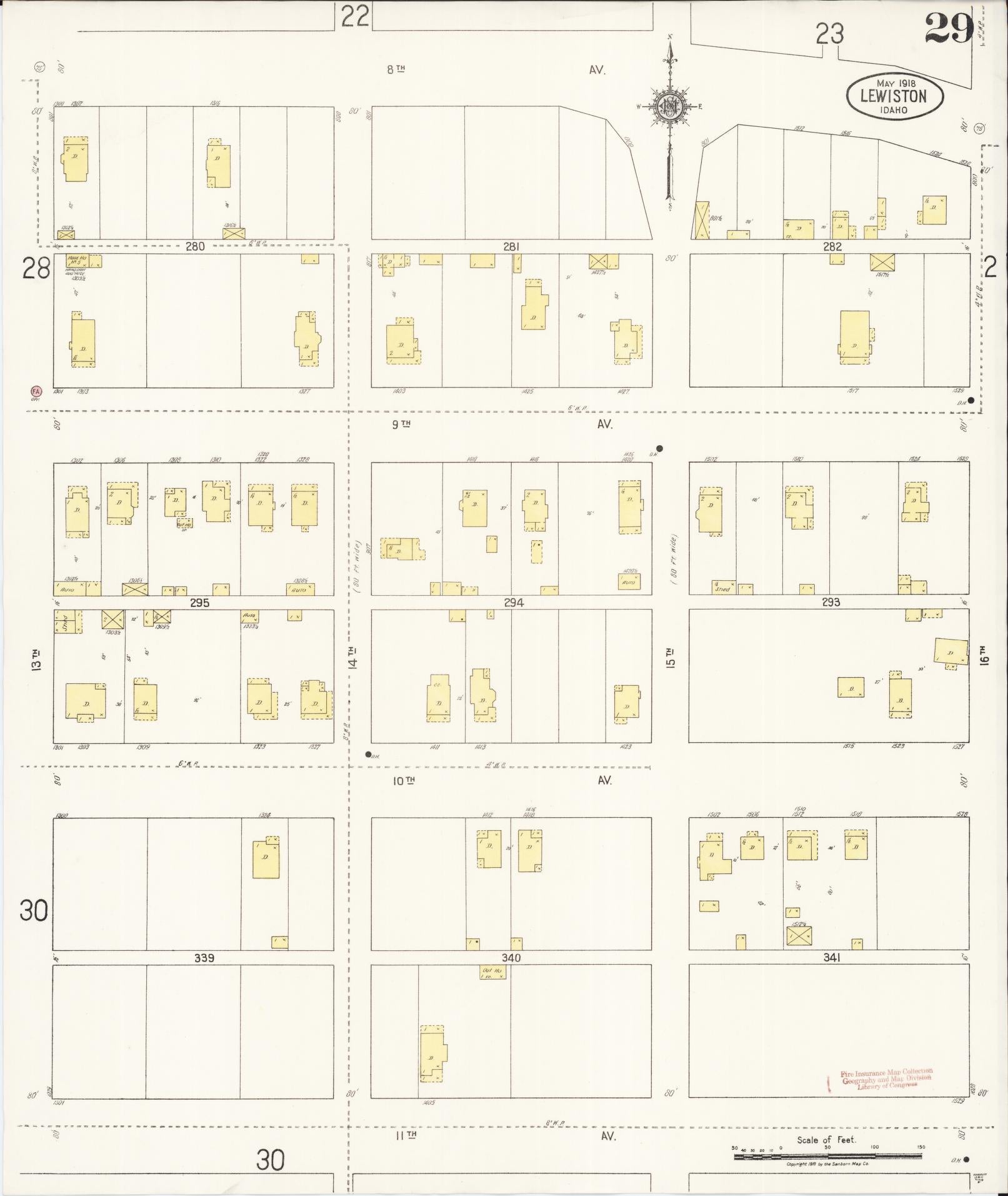 Sanborn Fire Insurance Map from Lewiston, Nez Perce County, Idaho (1918), Sheet #0029 - Complete Map Set gallery image, historic Sanborn map, vintage wall art, Idaho Idaho