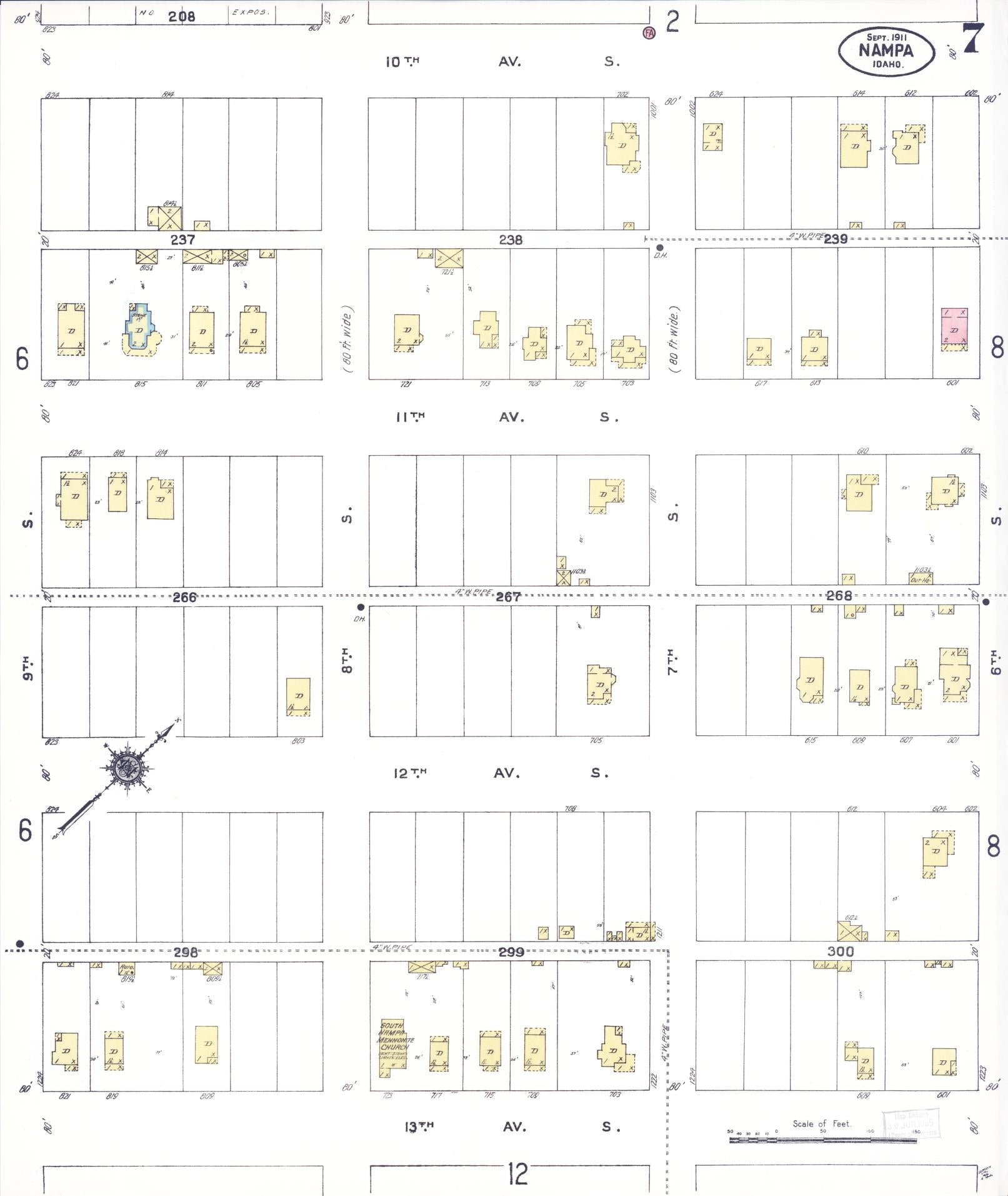 Sanborn Fire Insurance Map from Nampa, Canyon County, Idaho (1911), Sheet #0007 - Historic Sanborn Fire Insurance Map Print, vintage old map wall art, antique decor, genealogy gift, Idaho Idaho map