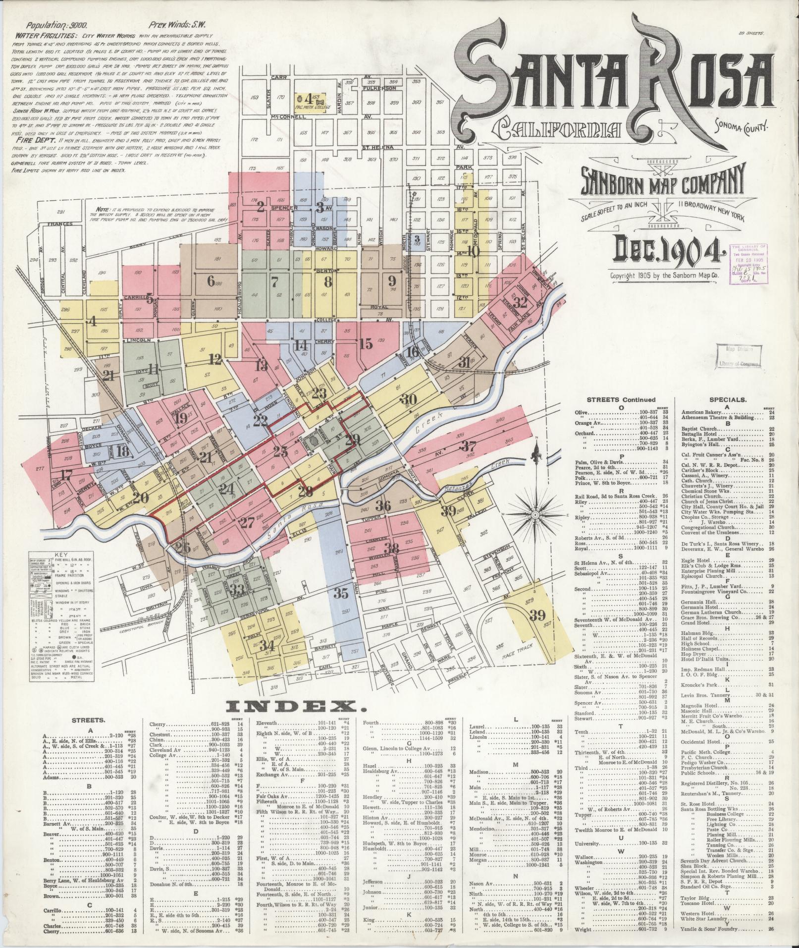 Sanborn Fire Insurance Map from Santa Rosa, Sonoma County, California (1904), Sheet #0001 - Complete Map Set gallery image, historic Sanborn map, vintage wall art, California California