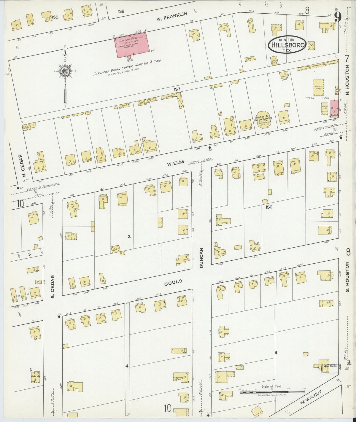 Sanborn Fire Insurance Map from Hillsboro, Hill County, Texas (1918), Sheet #0009 - Complete Map Set gallery image, historic Sanborn map, vintage wall art, Texas Texas