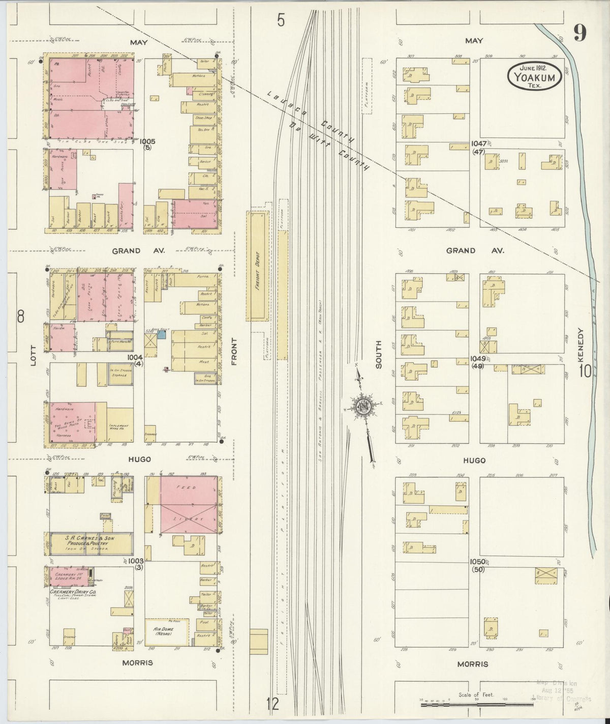 Sanborn Fire Insurance Map from Yoakum, De Witt And Lavaca Counties, Texas (1912), Sheet #0009 - Complete Map Set gallery image, historic Sanborn map, vintage wall art, Texas Texas