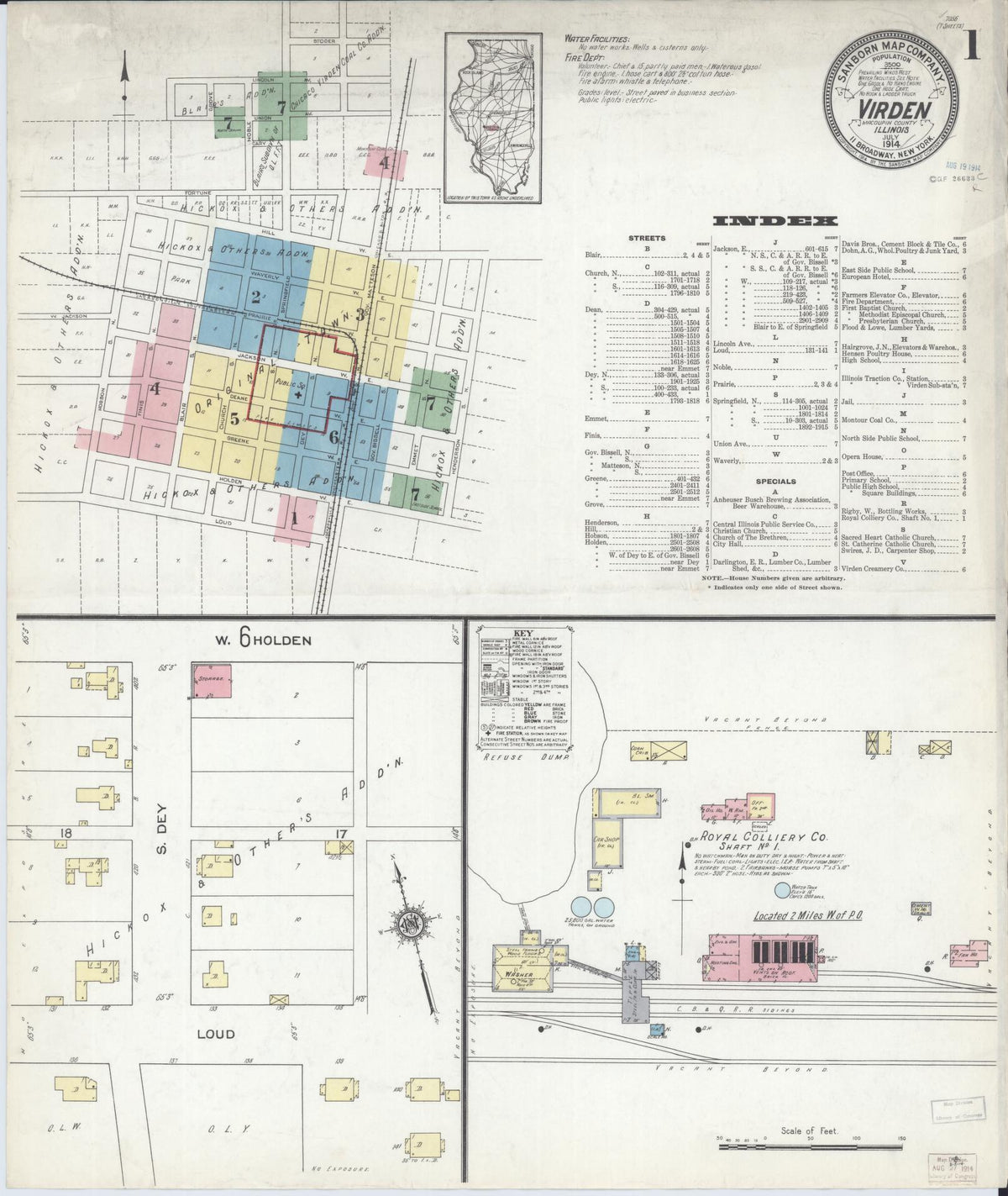 Sanborn Fire Insurance Map from Virden, Macoupin County, Illinois (1914), Sheet #0001 - Complete Map Set gallery image, historic Sanborn map, vintage wall art, Illinois Illinois
