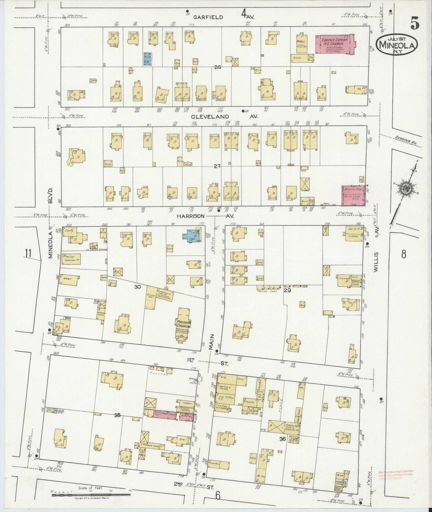 Sanborn Fire Insurance Map from Mineola, Nassau County, New York (1917), Sheet #0005 - Historic Sanborn Fire Insurance Map Print, vintage old map wall art, antique decor, genealogy gift, New York New York map