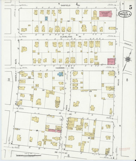 Sanborn Fire Insurance Map from Mineola, Nassau County, New York (1917), Sheet #0005 - Historic Sanborn Fire Insurance Map Print, vintage old map wall art, antique decor, genealogy gift, New York New York map