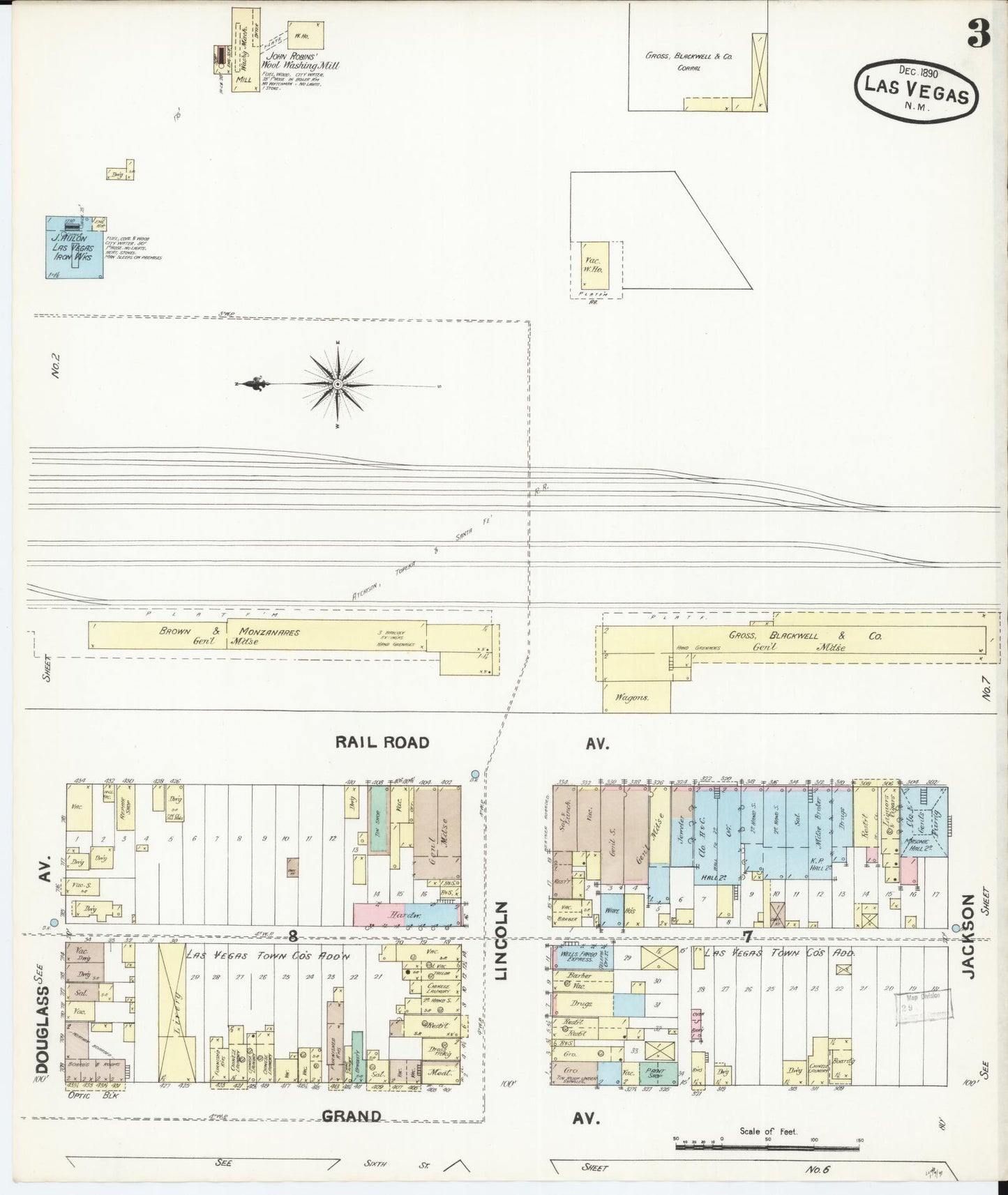 Sanborn Fire Insurance Map from Las Vegas, San Miguel County, New Mexico (1890), Sheet #0003 - Historic Sanborn Fire Insurance Map Print, vintage old map wall art, antique decor, genealogy gift, New Mexico New Mexico map
