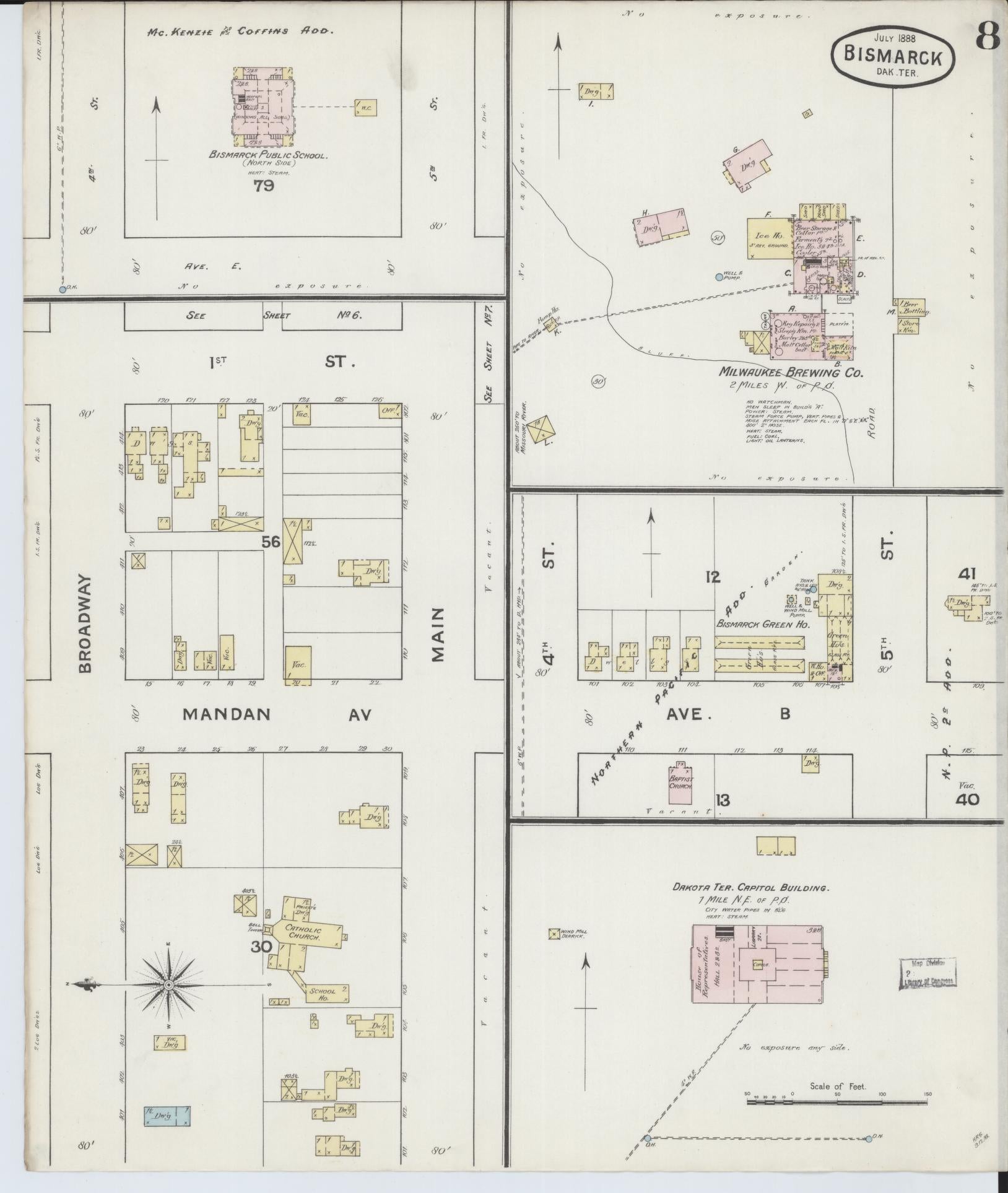 Sanborn Fire Insurance Map from Bismarck, Burleigh County, North Dakota (1888), Sheet #0008 - Complete Map Set gallery image, historic Sanborn map, vintage wall art, North Dakota North Dakota