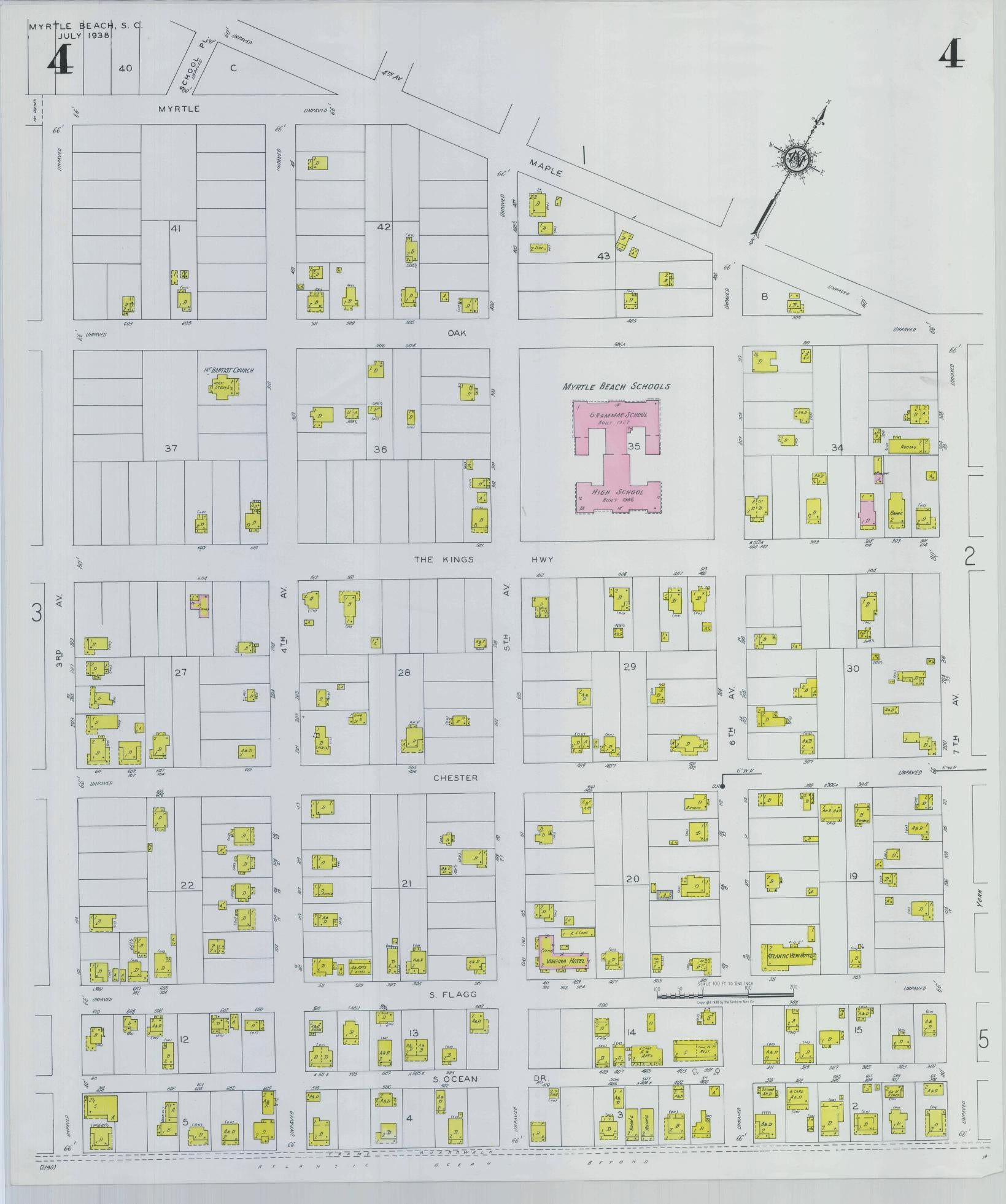 Sanborn Fire Insurance Map from Myrtle Beach, Horry County, South Carolina (1938), Sheet #0004 - Historic Sanborn Fire Insurance Map Print, vintage old map wall art, antique decor, genealogy gift, South Carolina South Carolina map