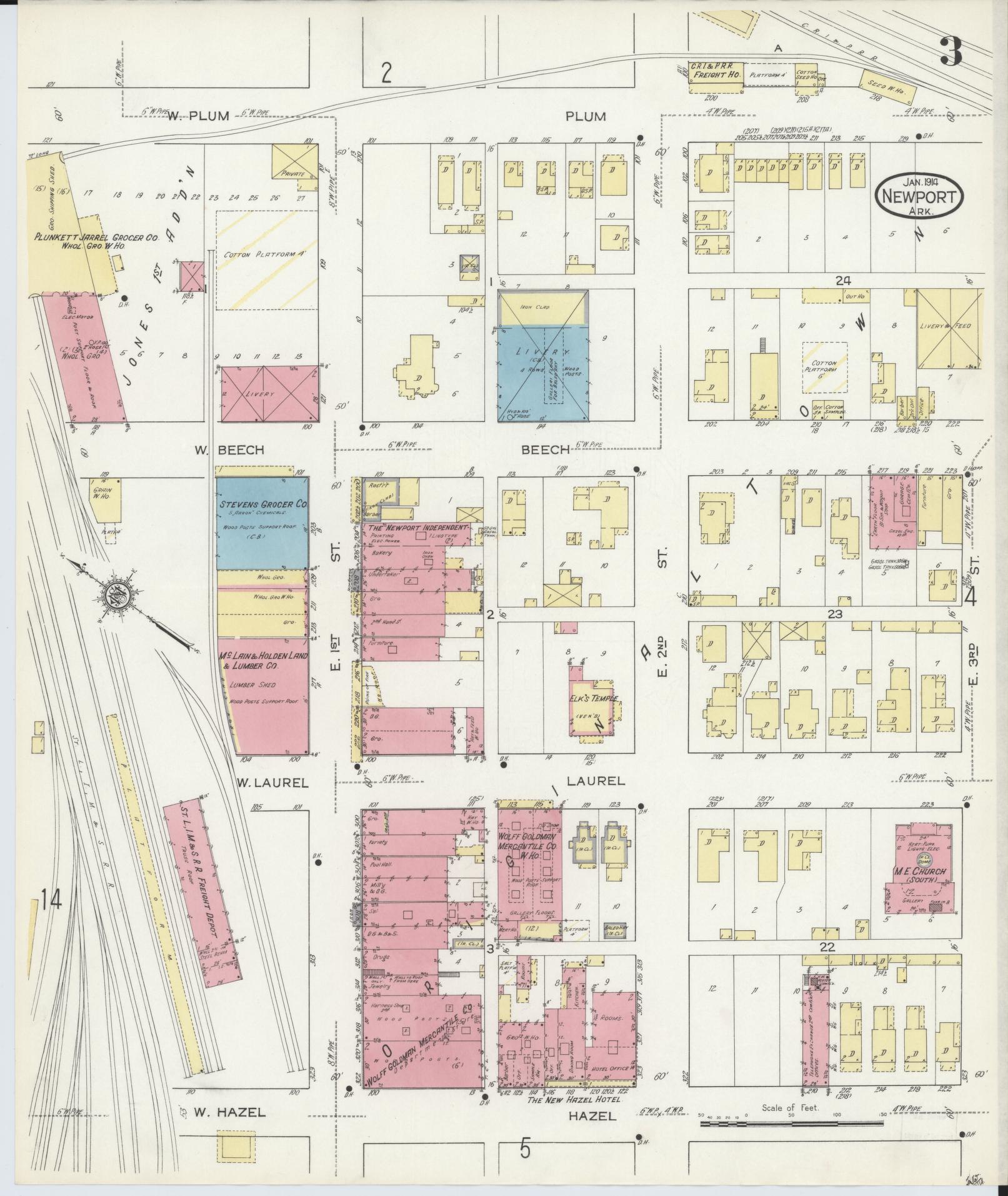 Sanborn Fire Insurance Map from Newport, Jackson County, Arkansas (1914), Sheet #0003 - Historic Sanborn Fire Insurance Map Print, vintage old map wall art, antique decor, genealogy gift, Arkansas Arkansas map